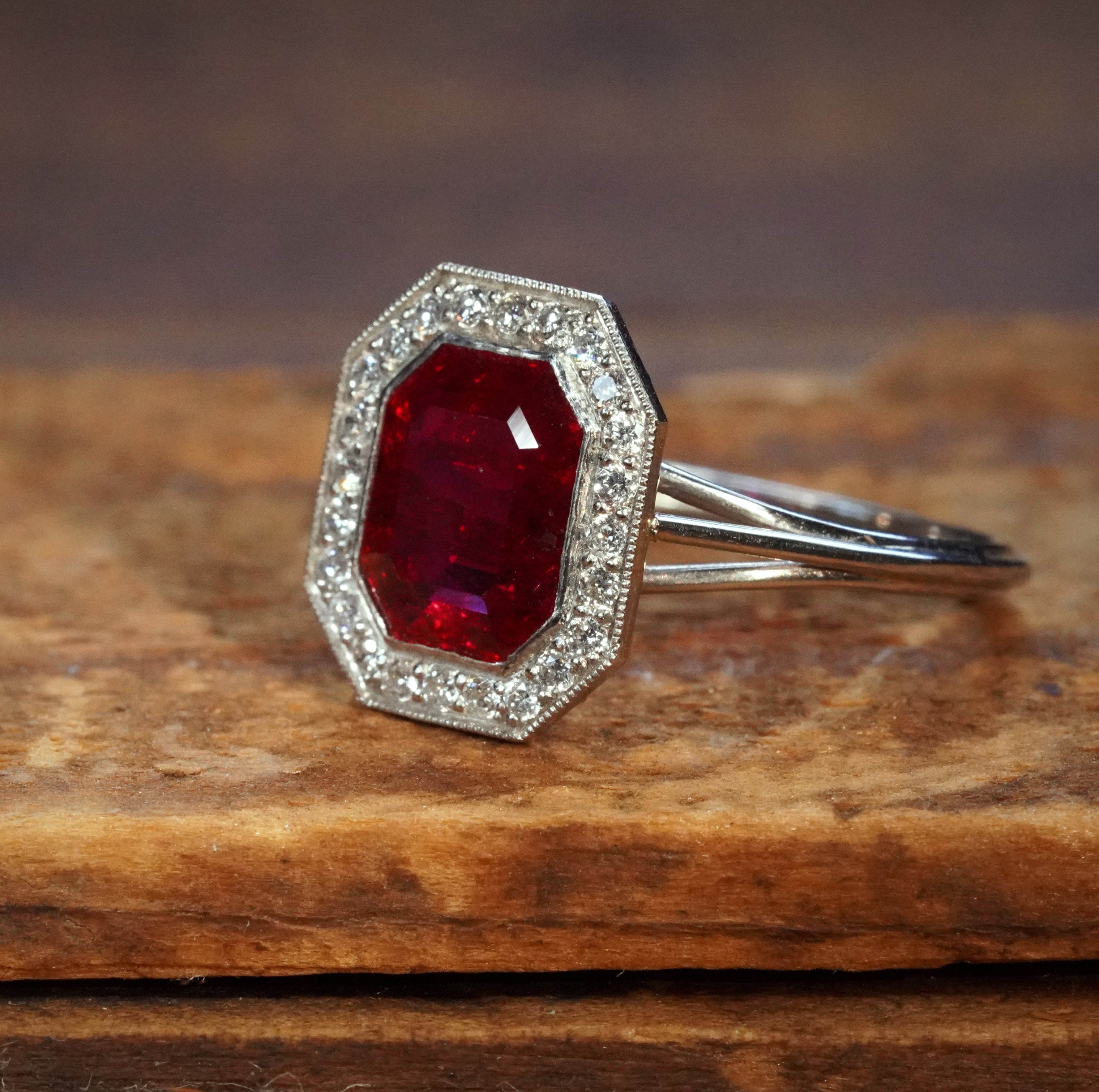 Step Cut Burma Ruby and Diamond Platinum Ring, 2.13 ct