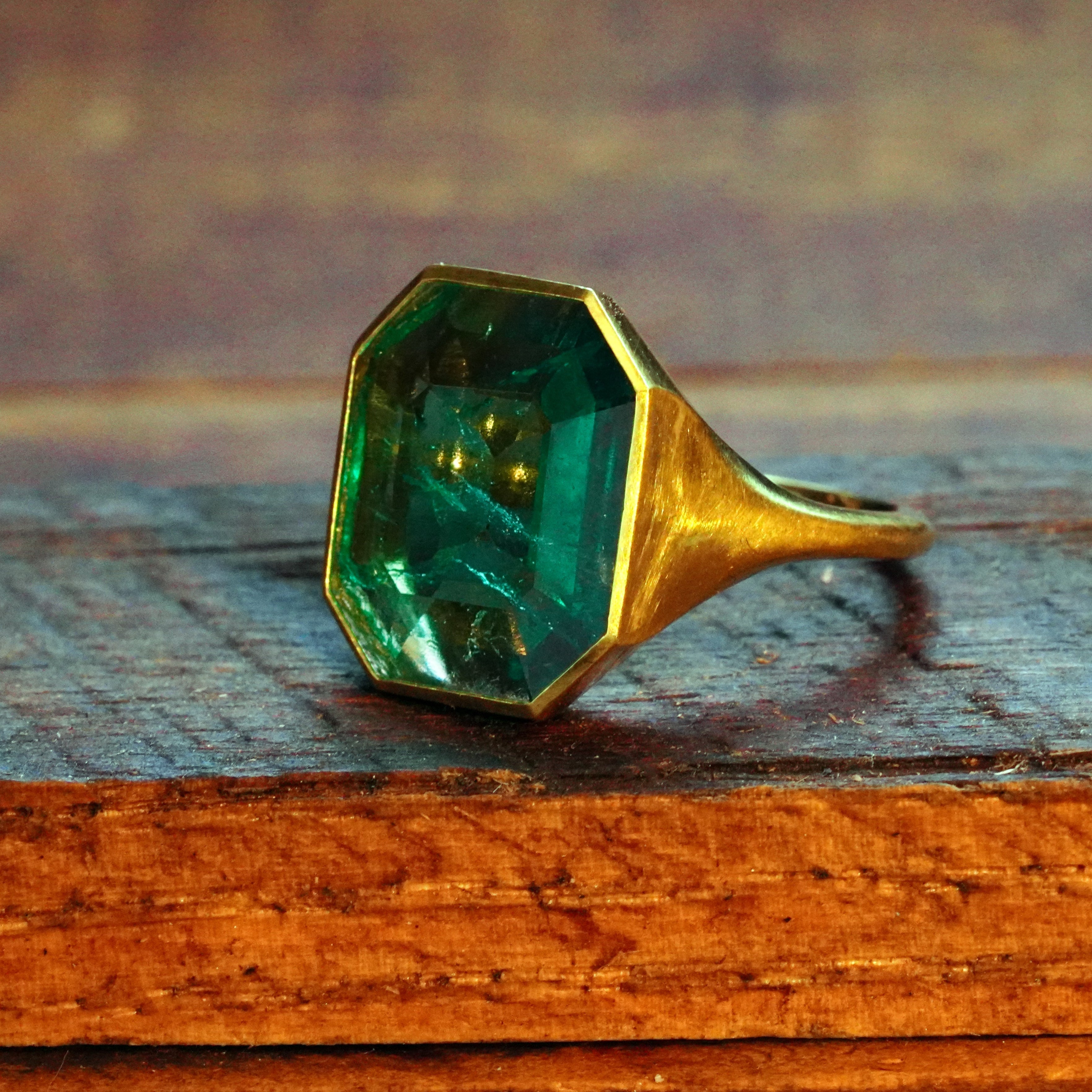 Step Cut Colombian Emerald 20K Yellow Gold Ring, No Oil, 4.48 ct