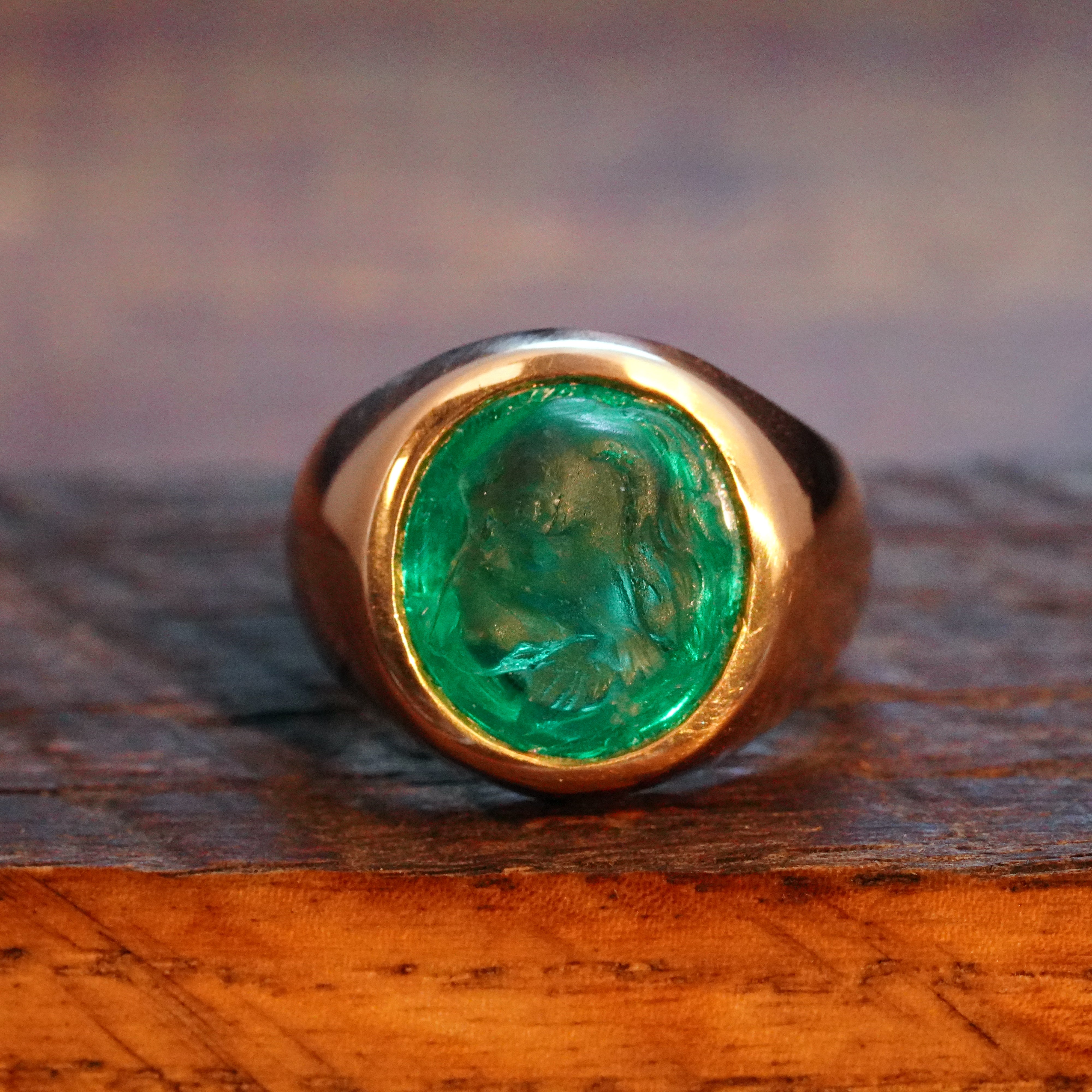 Victorian Carved Colombian Emerald 18K Gold Ring, 6.45 ct