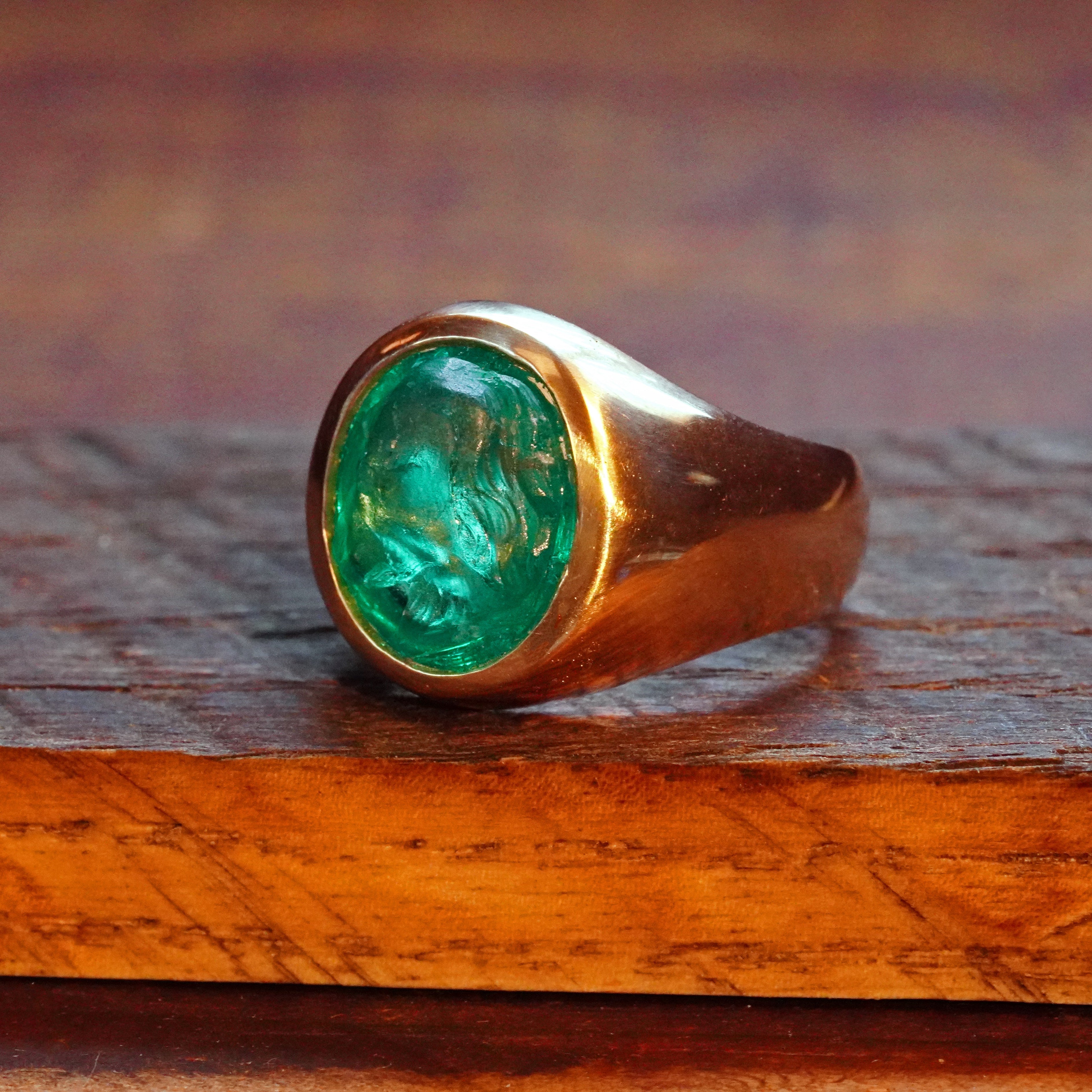 Victorian Carved Colombian Emerald 18K Gold Ring, 6.45 ct