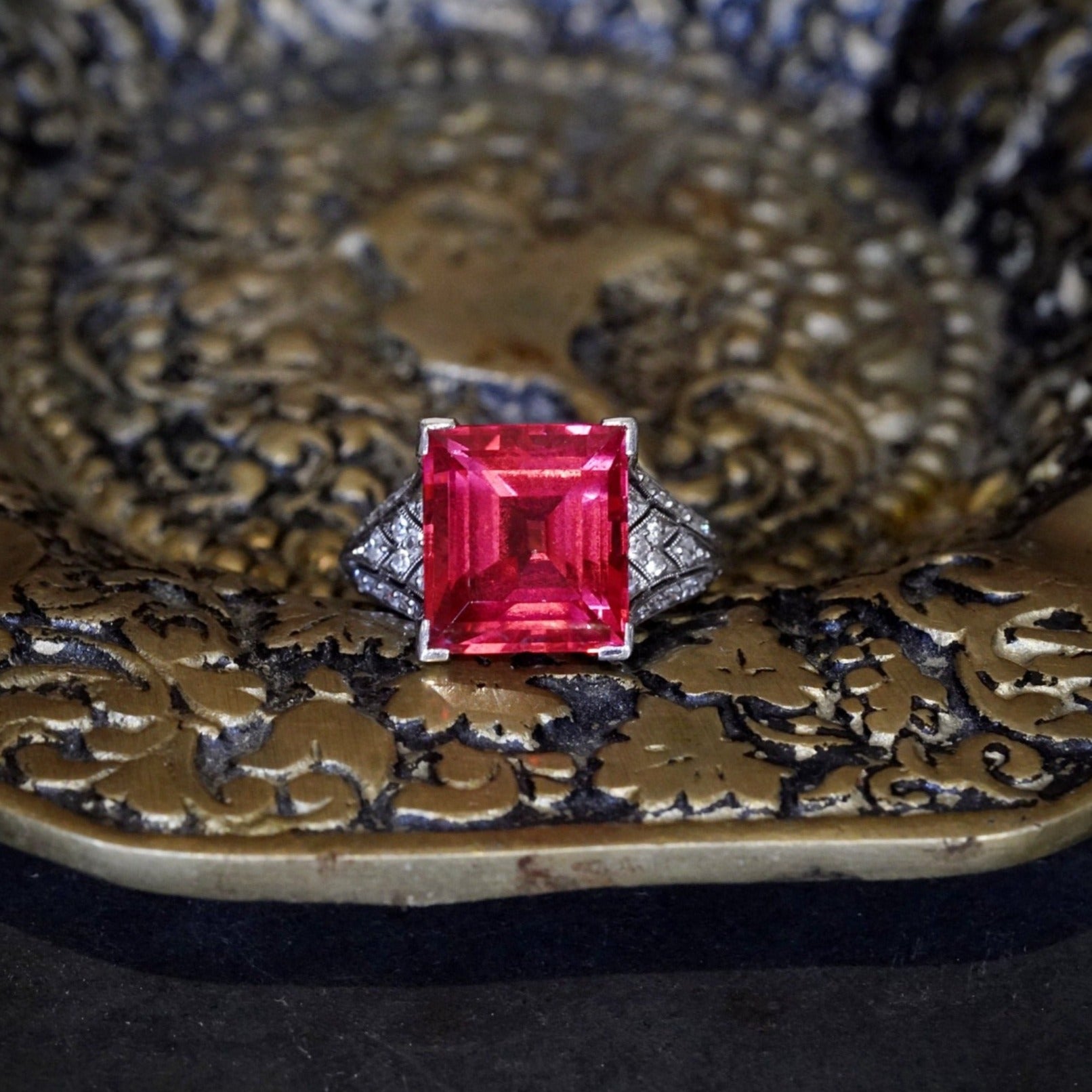 Late Edwardian Step Cut Spinel & Diamond Ring, 6.47 ct