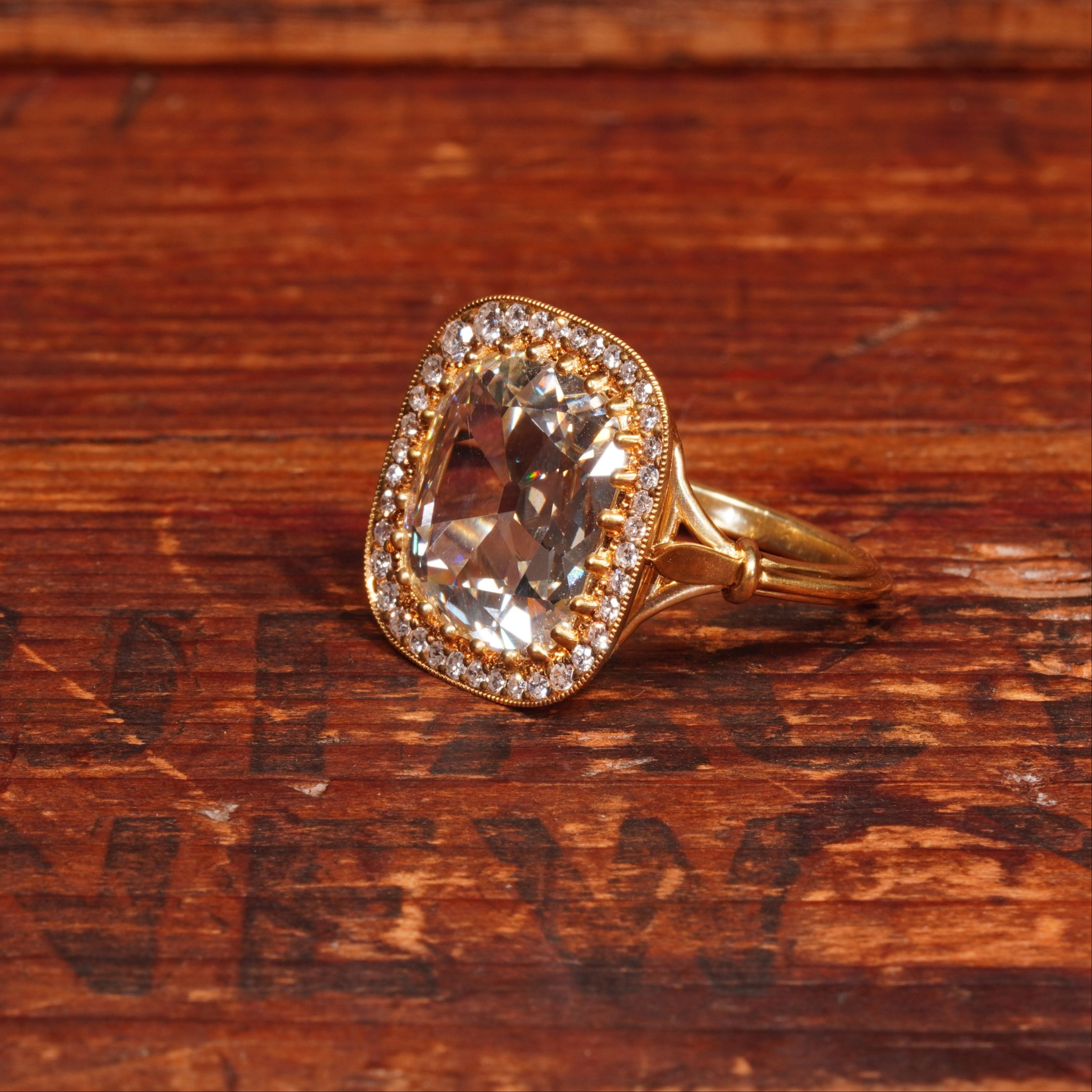Cushion Cut Slightly Warm Diamond 18K Gold Ring, 4.57 ct