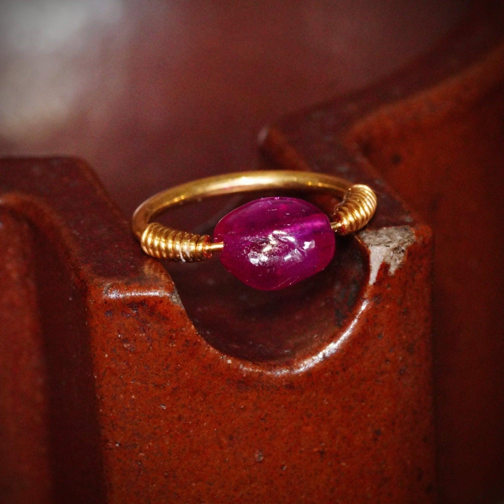 Handcrafted Burmese 2.5 CT No Heat Ruby Bead Ring in 18K Gold by Jogani