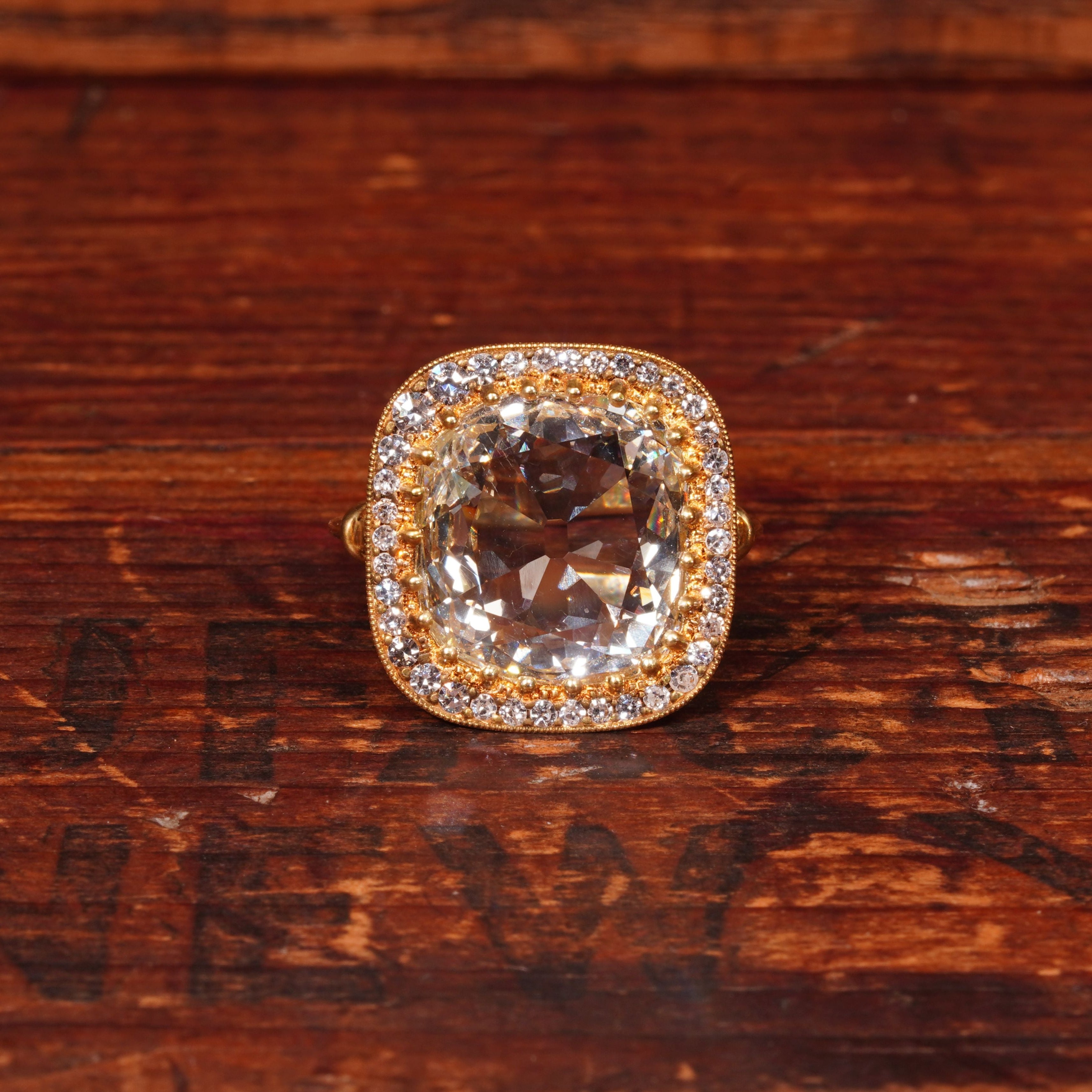 Cushion Cut Slightly Warm Diamond 18K Gold Ring, 4.57 ct