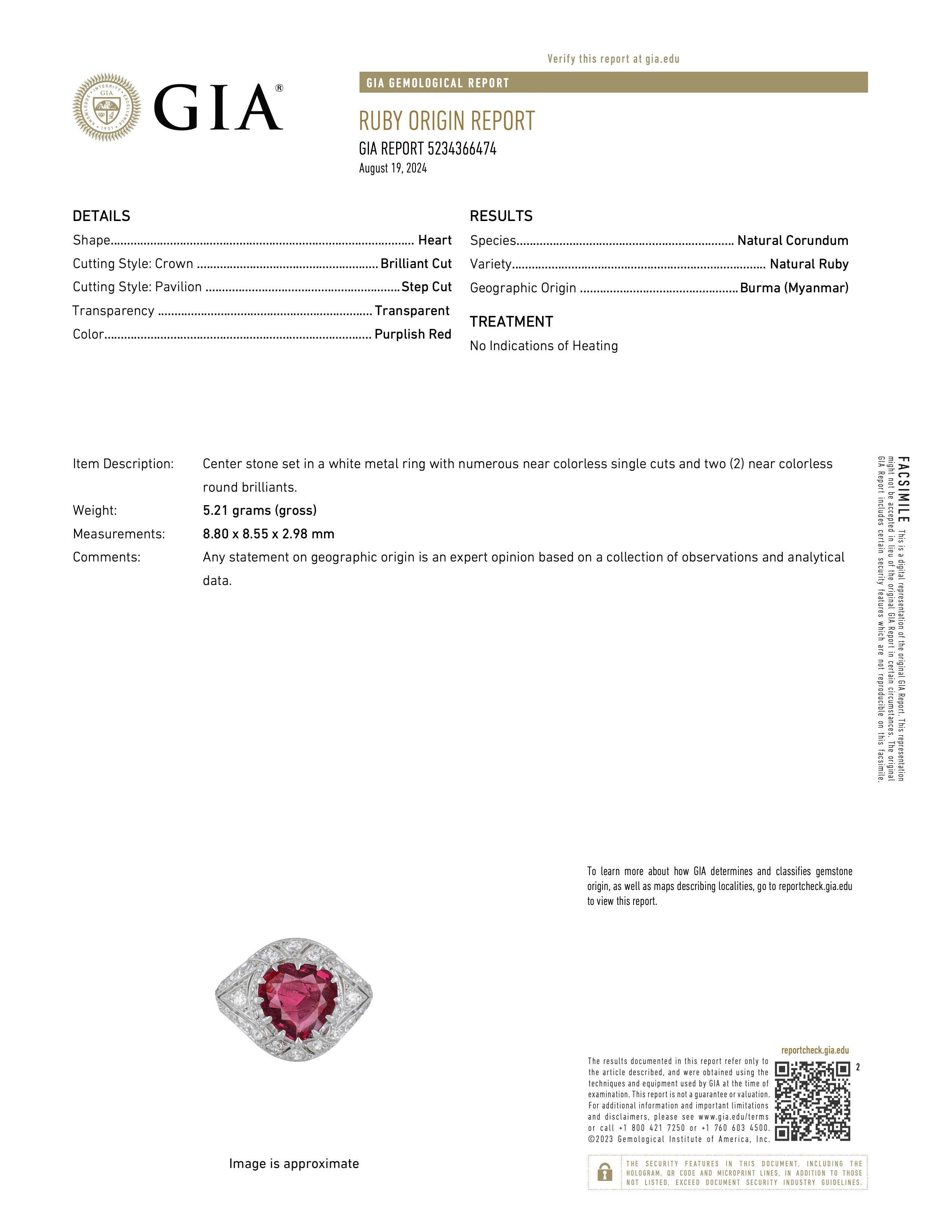 GIA report of Jogani's 1.95 ct step-cut heart-shaped Burma ruby with no heat treatment, featuring a rich purplish-red hue. A unique and collectible gemstone for fine jewelry and investment.