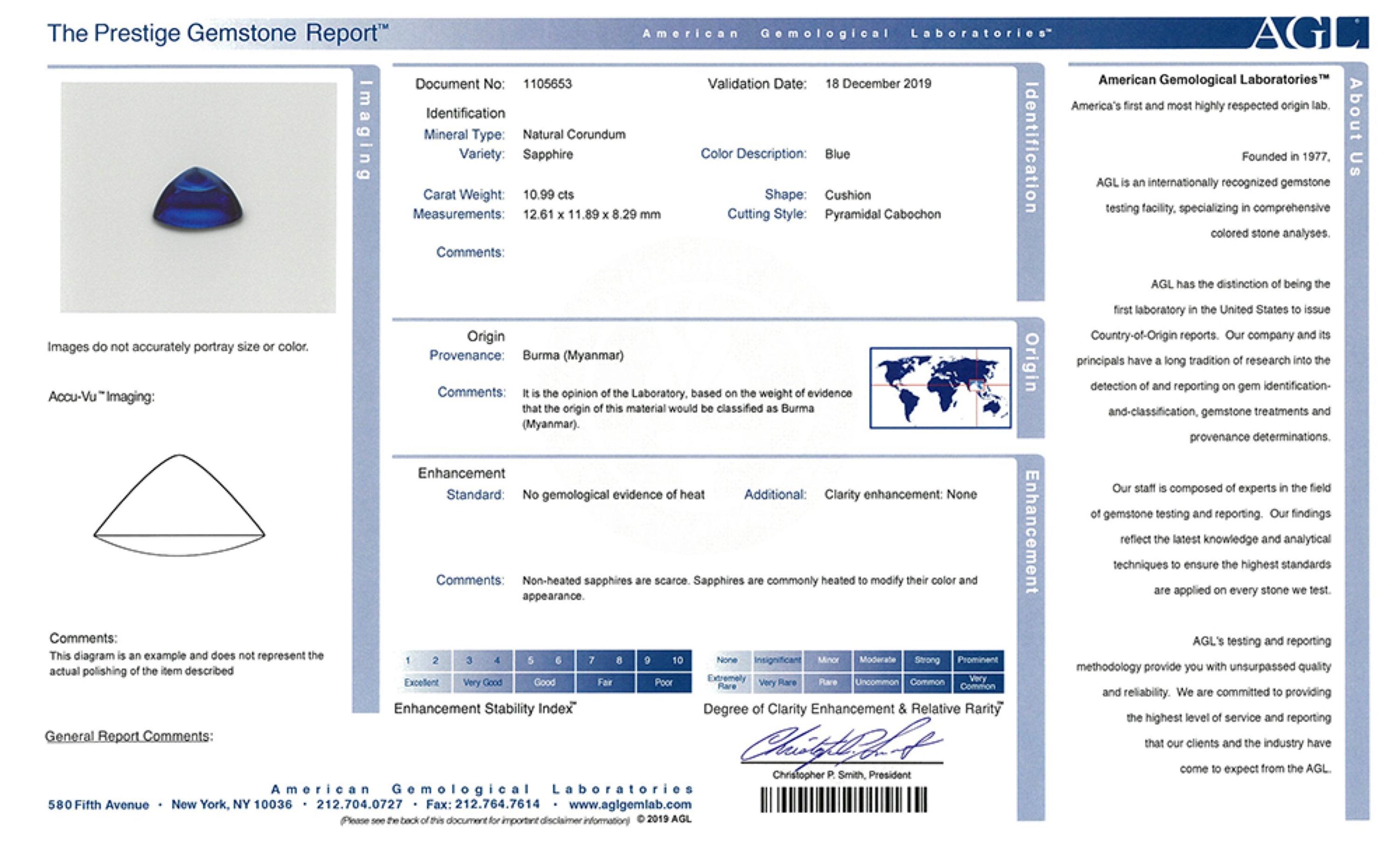 The AGL certification for the 10.99 ct Burma sugarloaf sapphire, confirming its natural, no-heat status and exceptional quality.