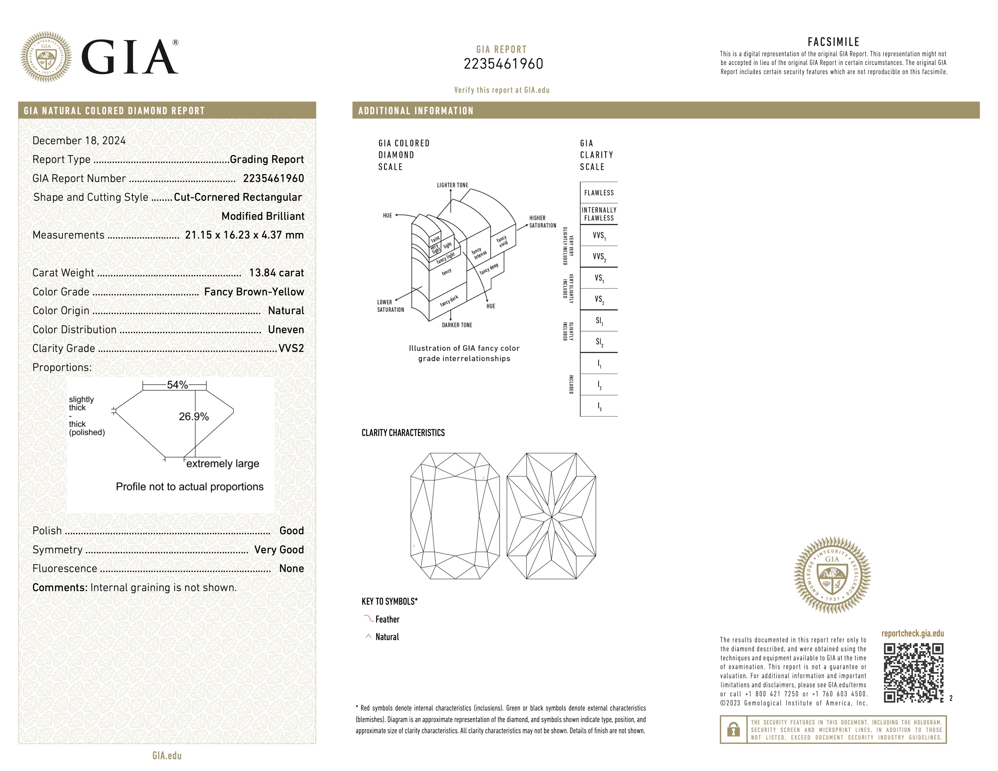 An image of the GIA certificate number 2235461960, detailing the characteristics of a 13.84-carat step-cut diamond with VVS2 clarity and type IIa classification.