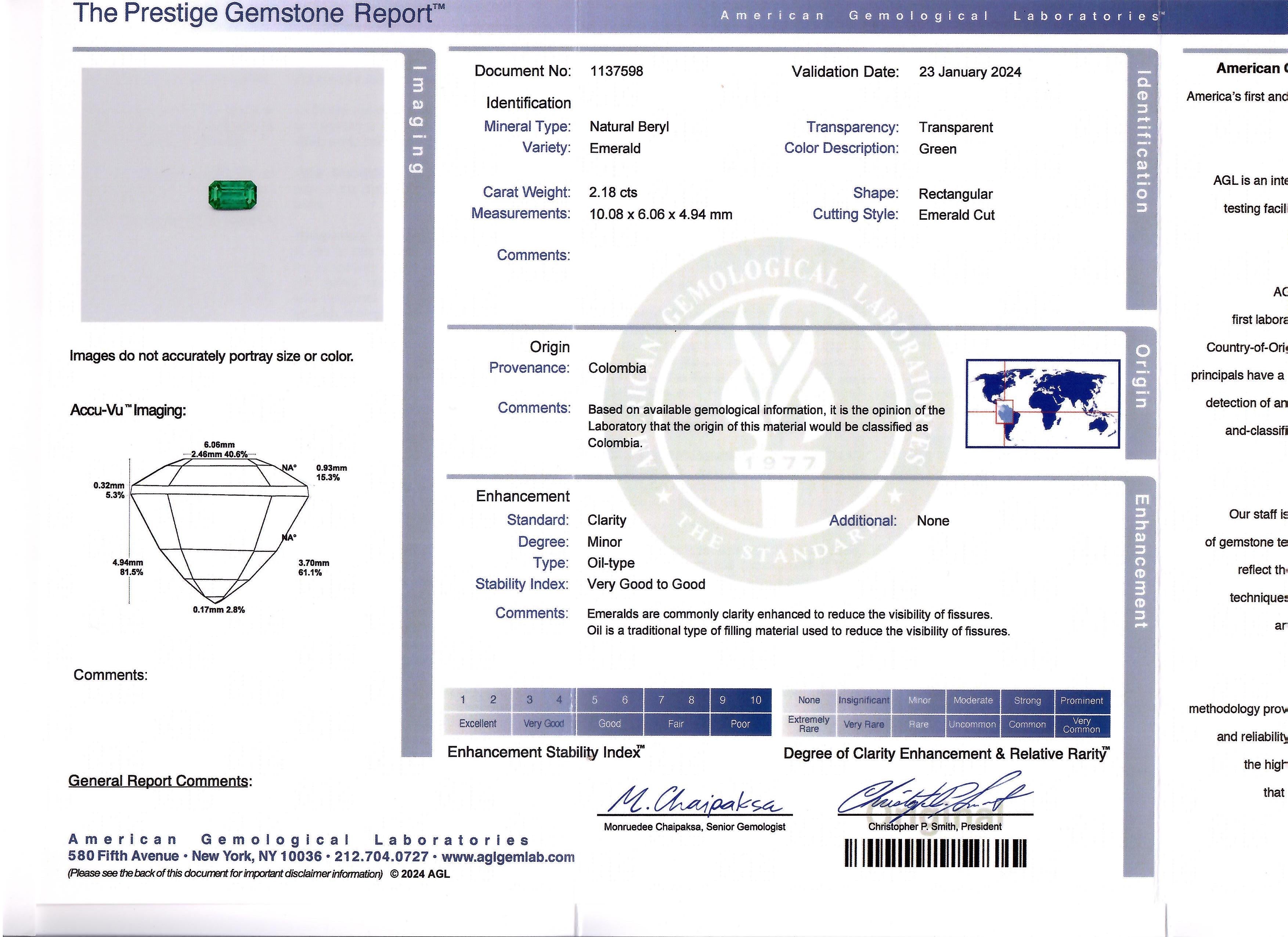 AGL report for the 2.18 ct step-cut Colombian emerald from Jogani, displaying a lush green hue—perfect for fine jewelry and investment.