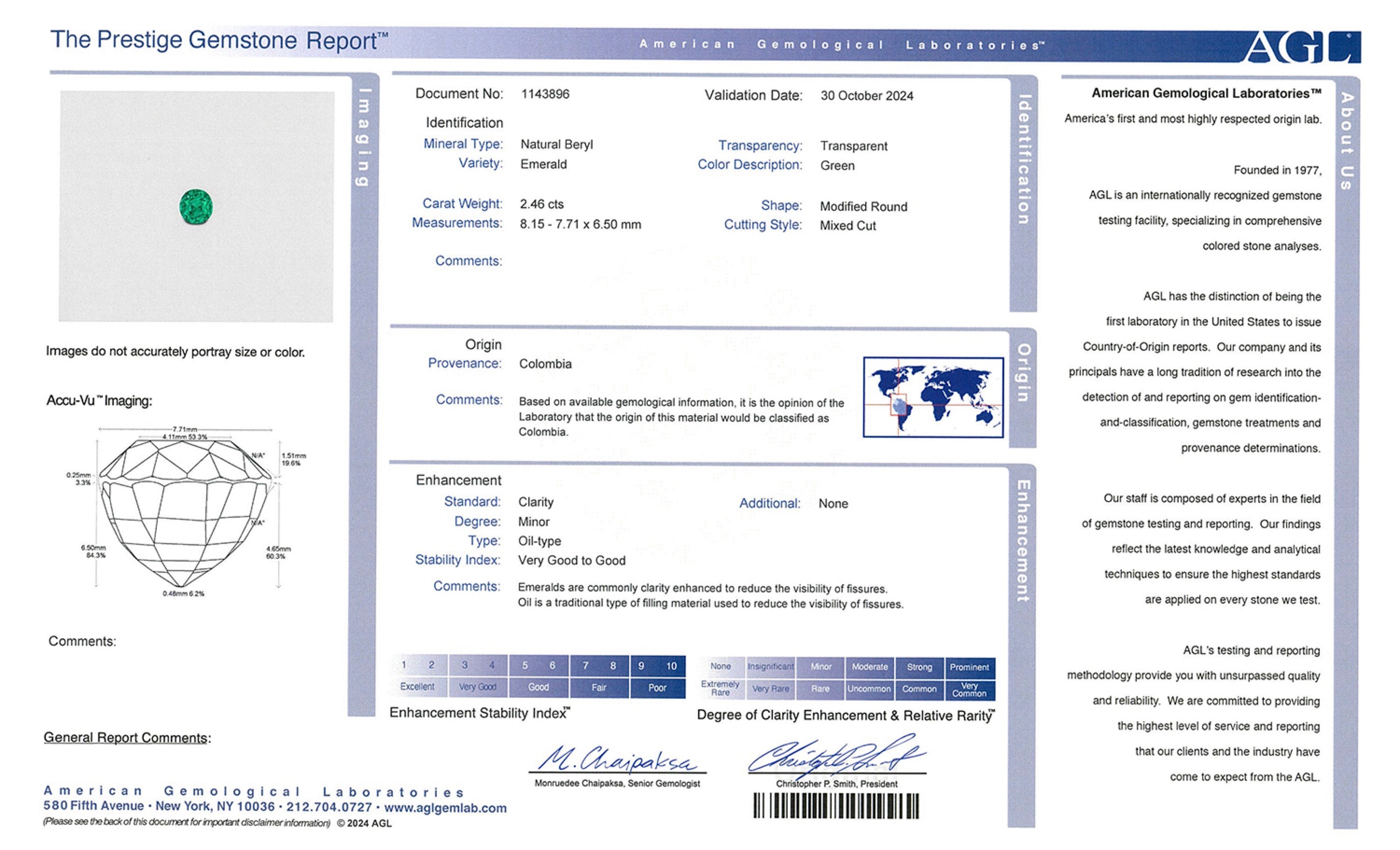 AGL report of the 2.46 ct round-cut Colombian emerald, available from Jogani, prized for its vibrant green hue and sought after by gem connoisseurs.