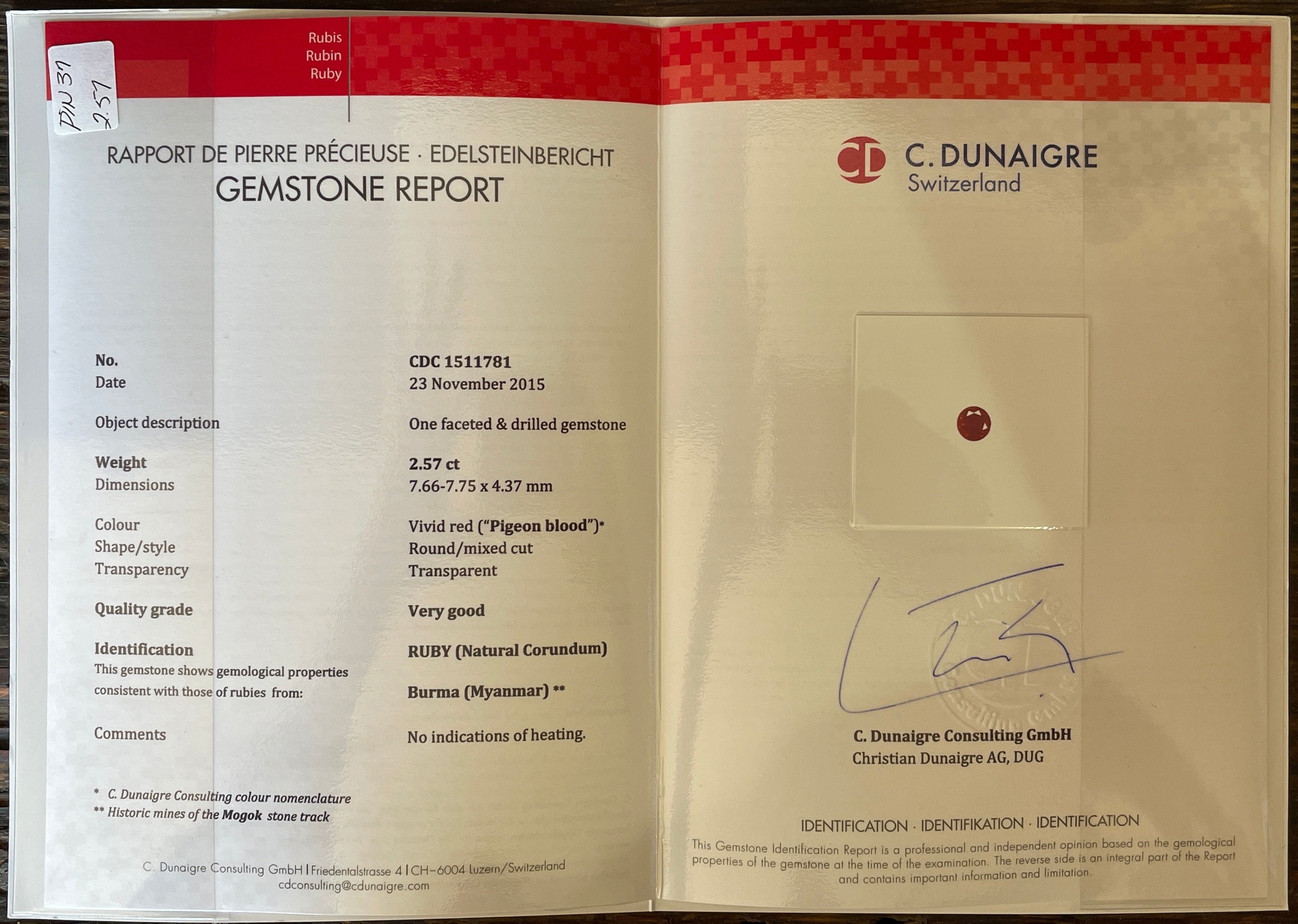 Certified by C. Dunaigre Switzerland, this 2.57 ct Old Euro Burma ruby with a diamond eye is a truly remarkable gem—acquired and presented with Jogani’s expertise.