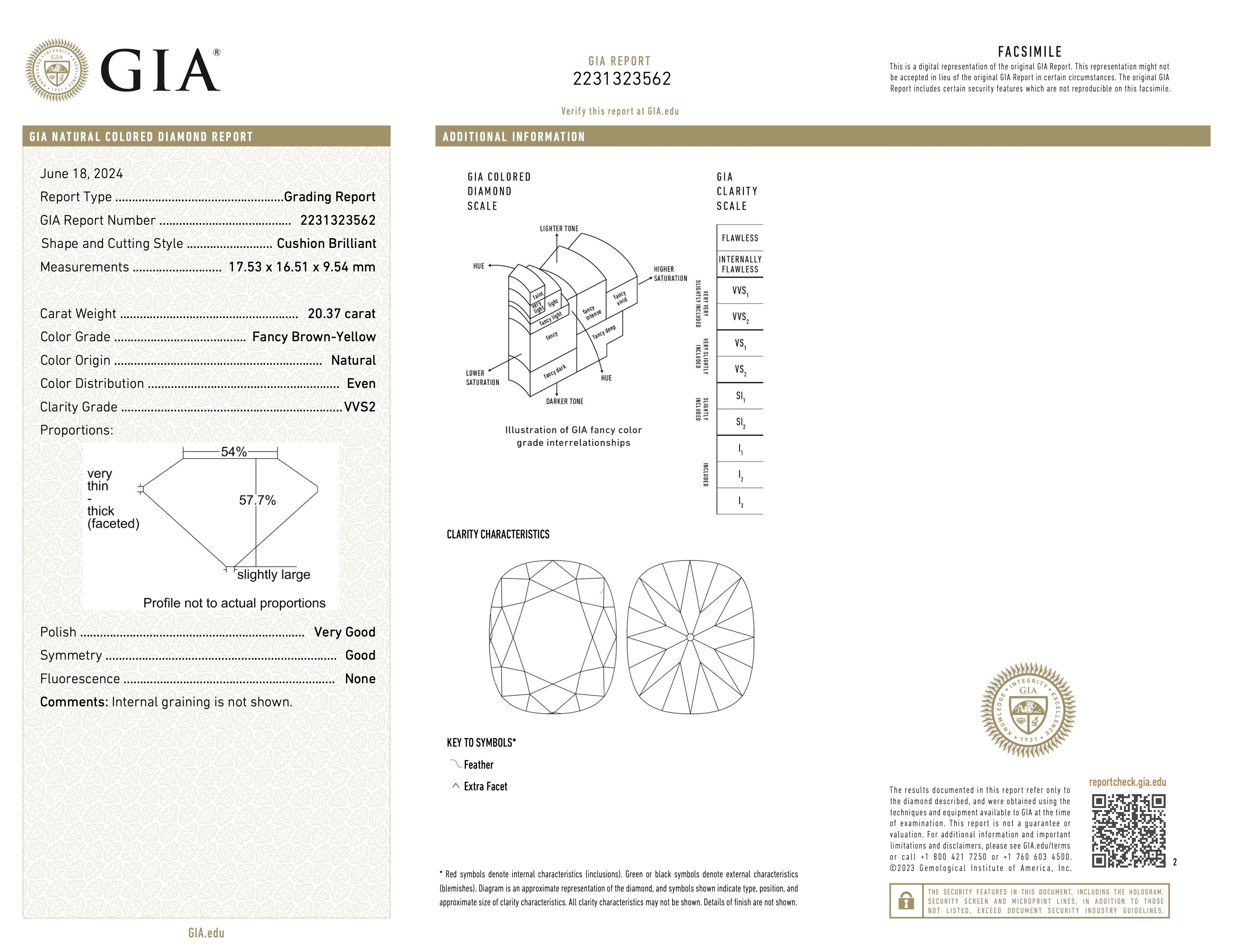 Cushion Cut Brown-Yellow Diamond, 20.37 ct