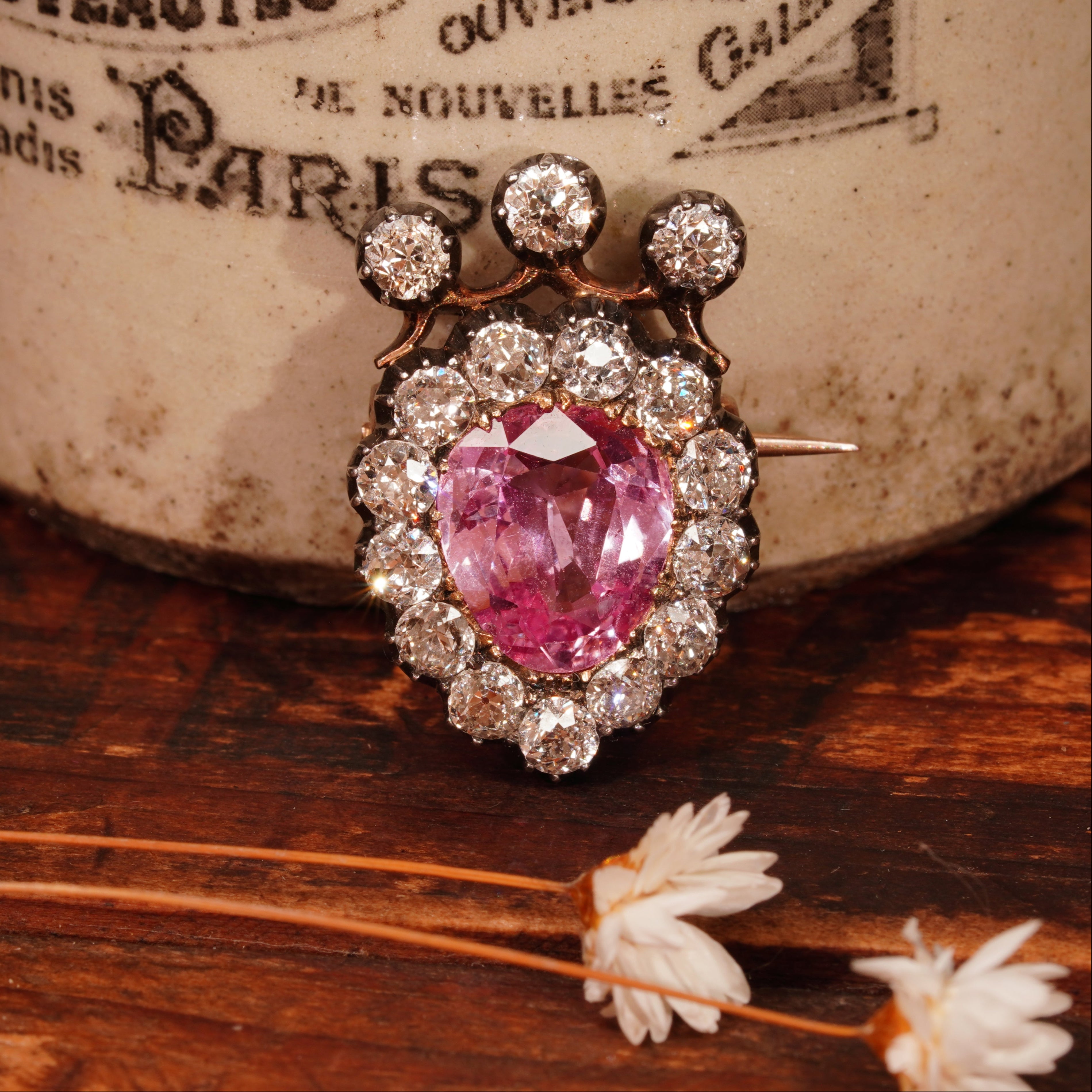 Victorian Pear Cut Ceylon Padparadscha and Diamond Gold plus Silver Brooch, 3.45 ct
