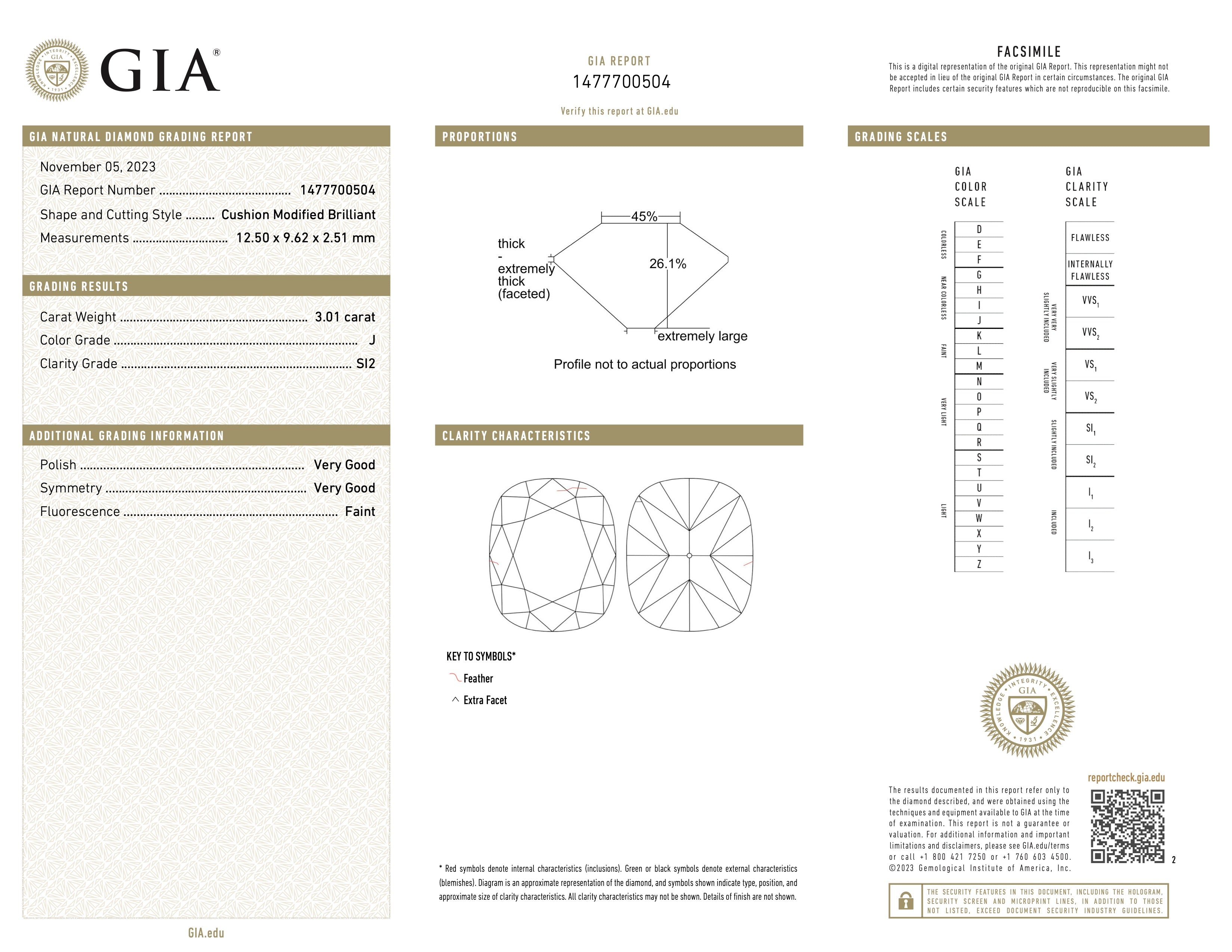 GIA gemstone report for the 3.01 ct cushion-cut J, SI2 diamond. Now set in a modern gold ring by Jogani.