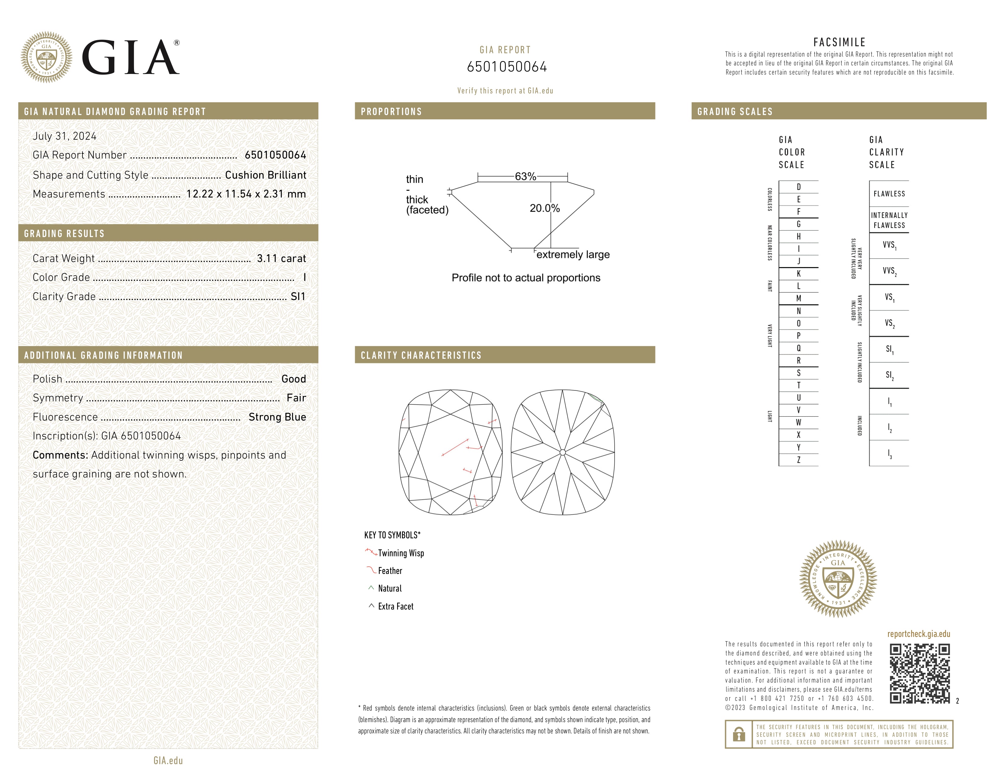 GIA certificate for a 3.11 ct cushion-cut white diamond, SI1 clarity, I color, documenting its quality and authenticity—available at Jogani.