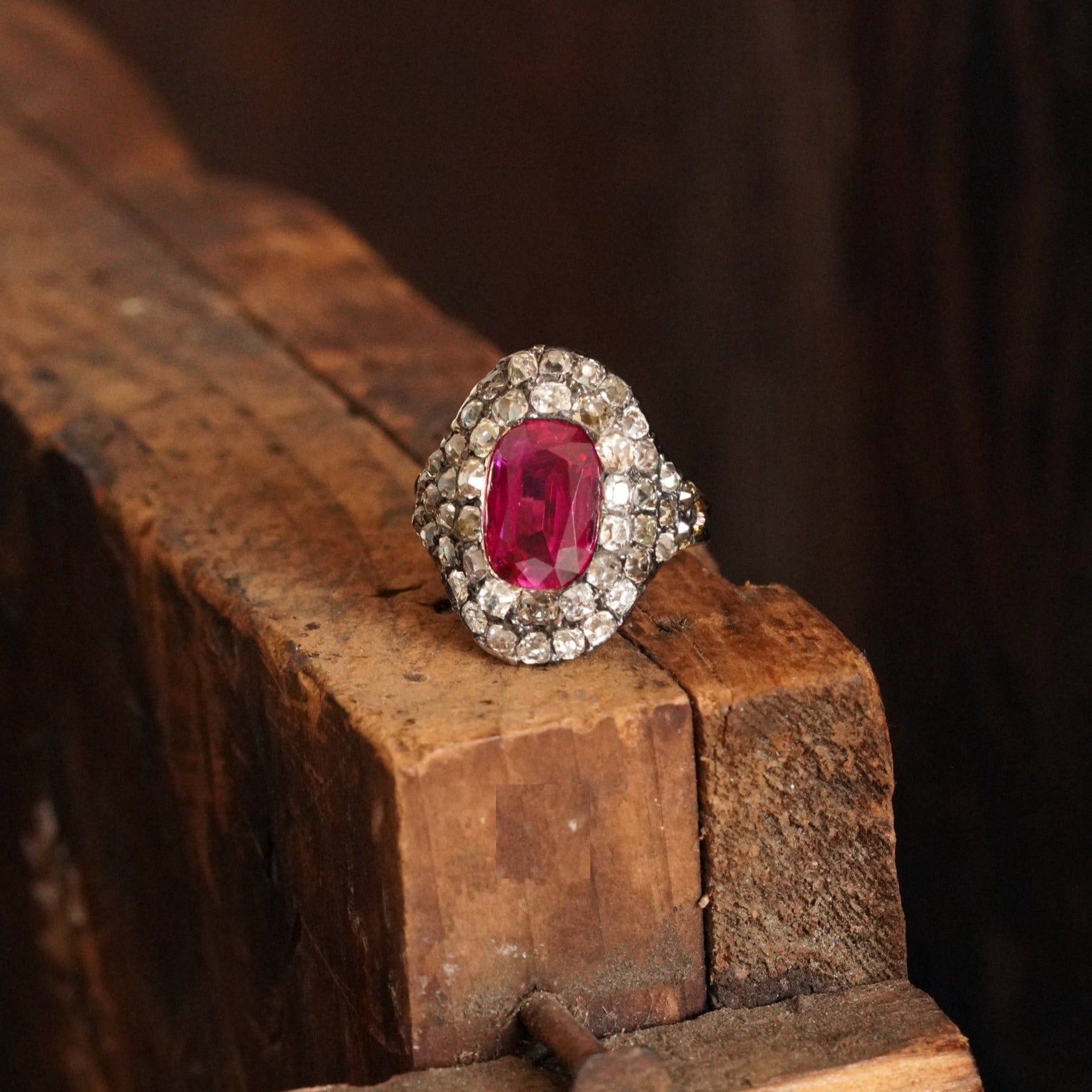 Timeless elegance—this Georgian-era Burma Ruby and Diamond Ring, featuring a no-heat 3.12 ct cushion-cut ruby, reflects Jogani’s dedication to exceptional gemstones.