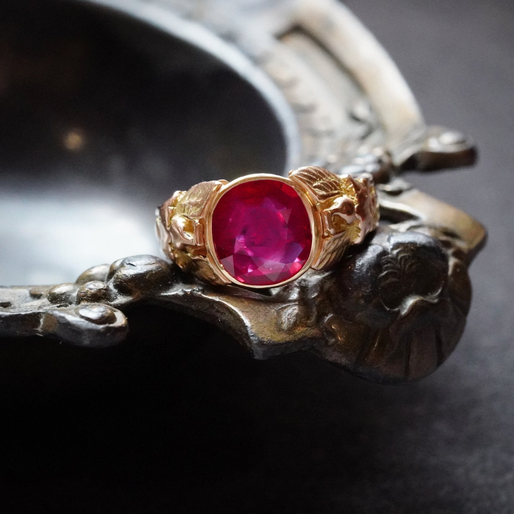 Front View of Antique Cushion Cut Burma Ruby Ring, showcases the 3.21 ct unheated Burmese ruby set in 18K yellow gold by Jogani.