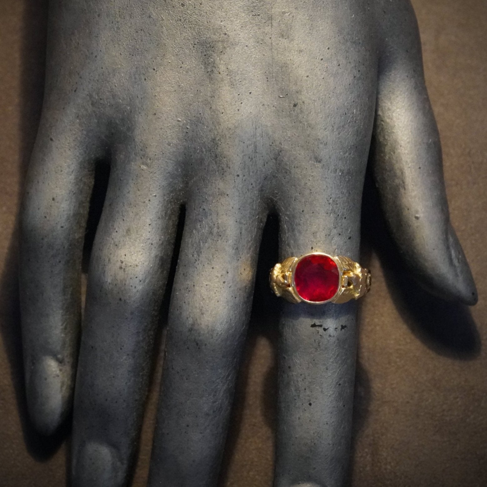 Front View of Antique Cushion Cut Burma Ruby Ring, showcases the 3.21 ct unheated Burmese ruby set in 18K yellow gold by Jogani.