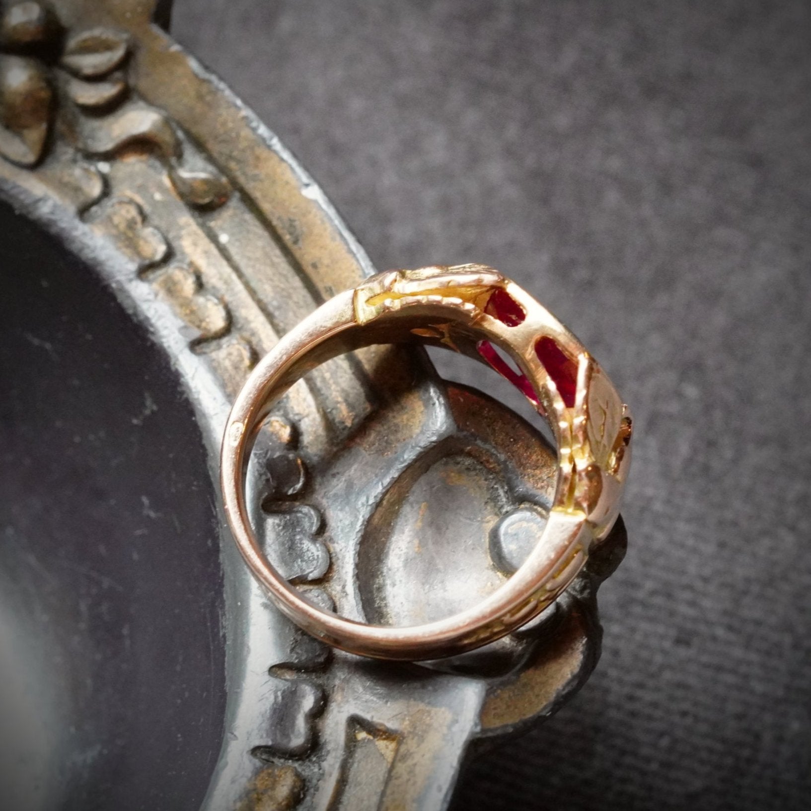 Top View of Antique Cushion Cut Burma Ruby Ring, showcases the 3.21 ct unheated Burmese ruby set in 18K yellow gold by Jogani.