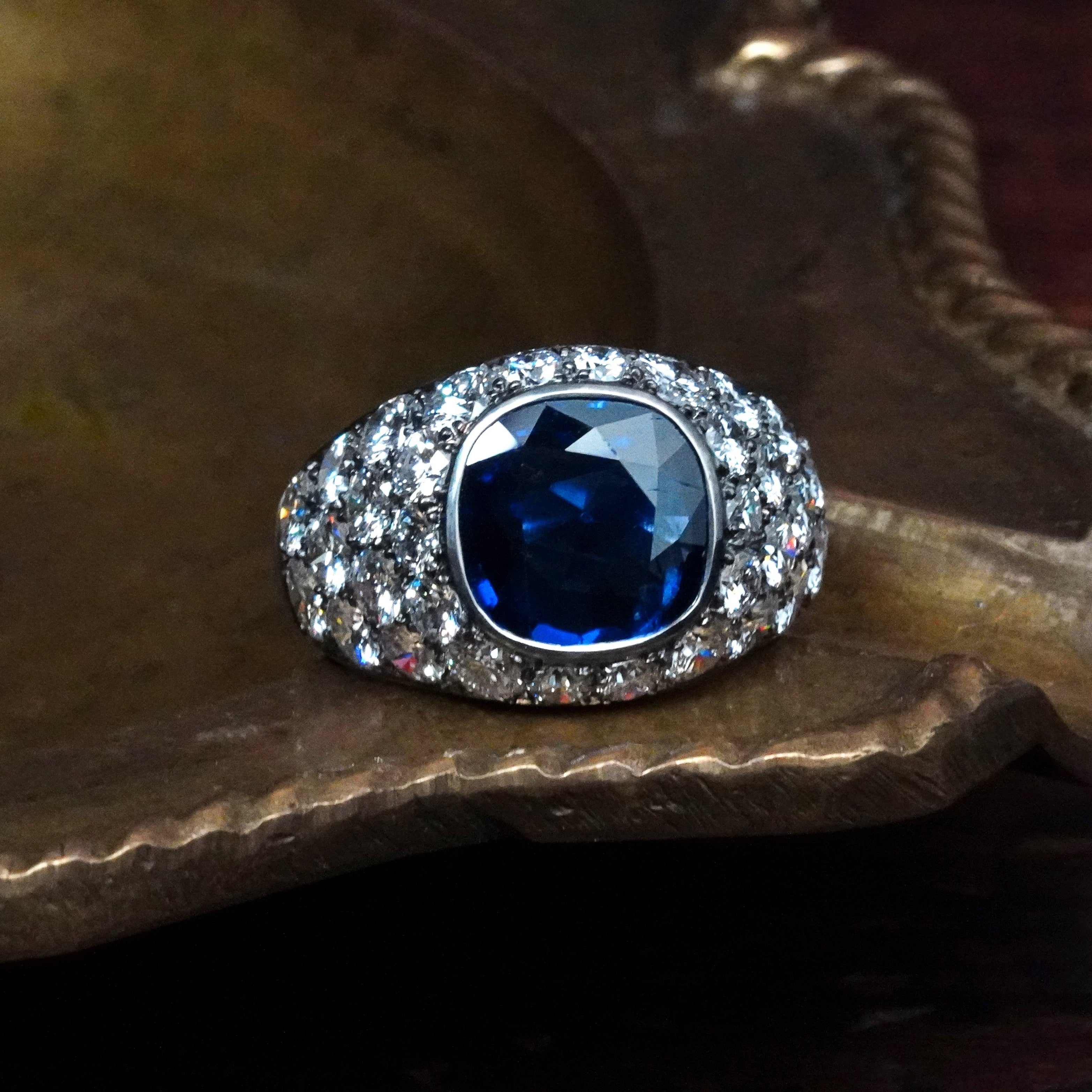 Jogani presents an exquisite 3.39 ct no-heat Burma sapphire ring, elegantly set in platinum and framed by 3.16 tcw of diamonds—a rare collector’s piece.