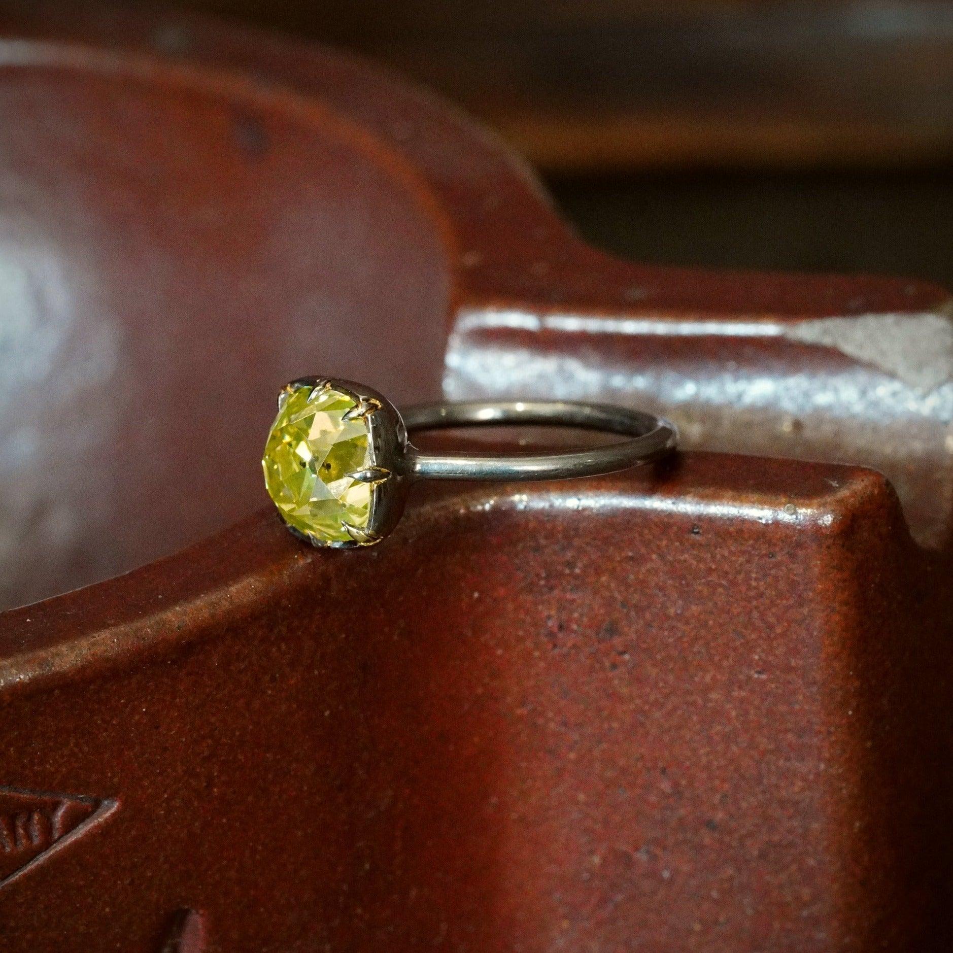 Rare and Distinctive Old Mine Diamond Ring - 4.13 Carats, Lemon-Lime, Handcrafted, Jogani