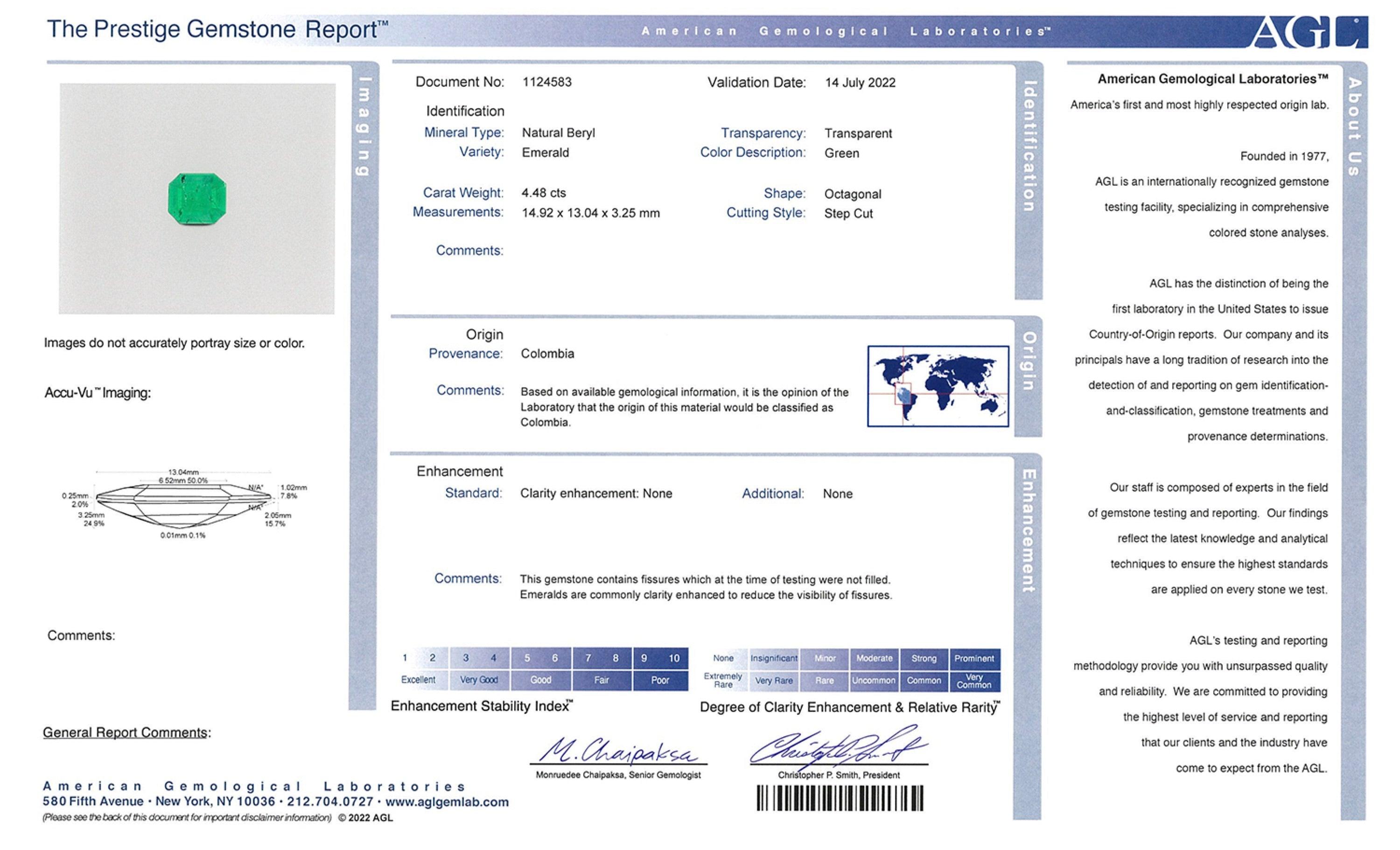 AGL certificate for a 4.48 ct step-cut Colombian emerald, confirming its natural, no-oil purity and exceptional quality.