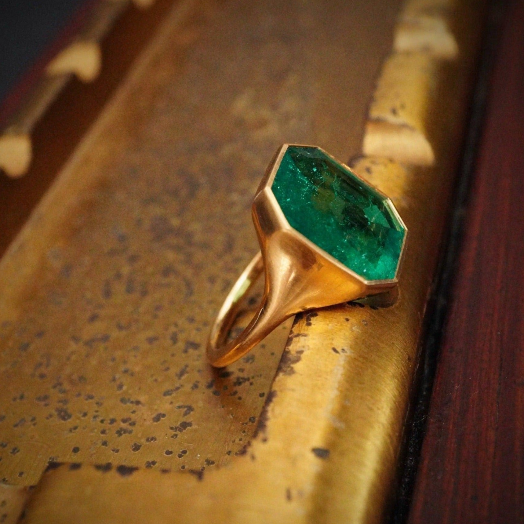 5.88 Step Cut No Oil Colombian Emerald Gold Ring - SKU 643
