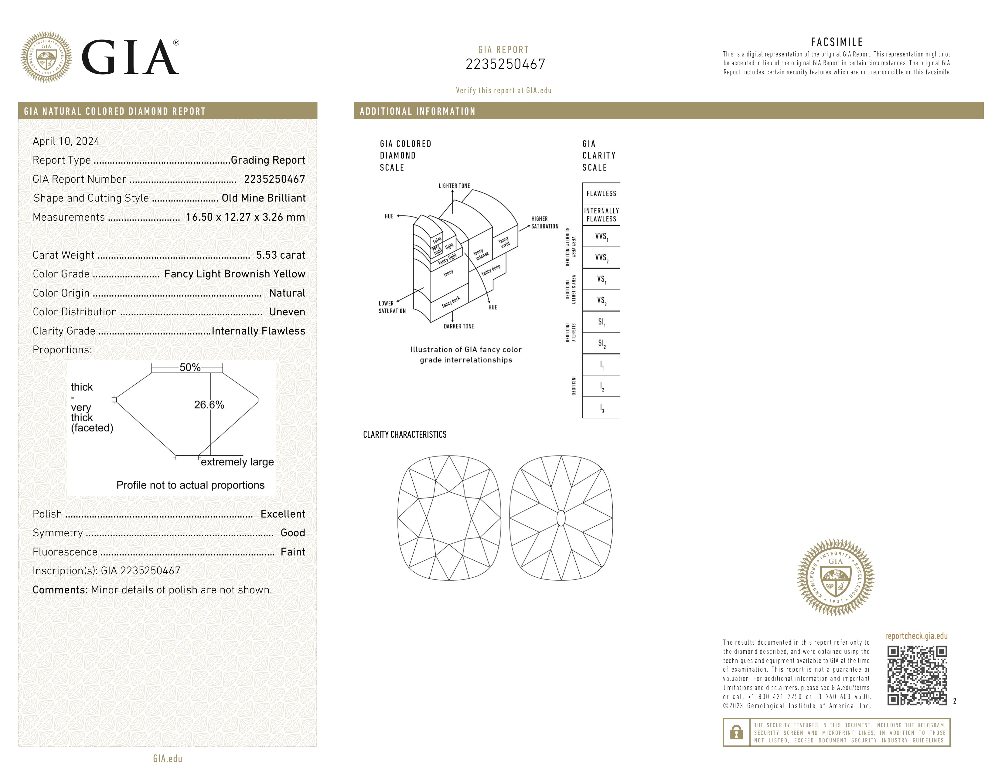 GIA report of the 5.53 ct Old Mine-cut diamond, Fancy Light Brownish Yellow, internally flawless, crafted into a bezel-set 22K gold with a platinum insert ring. Available with Jogani.