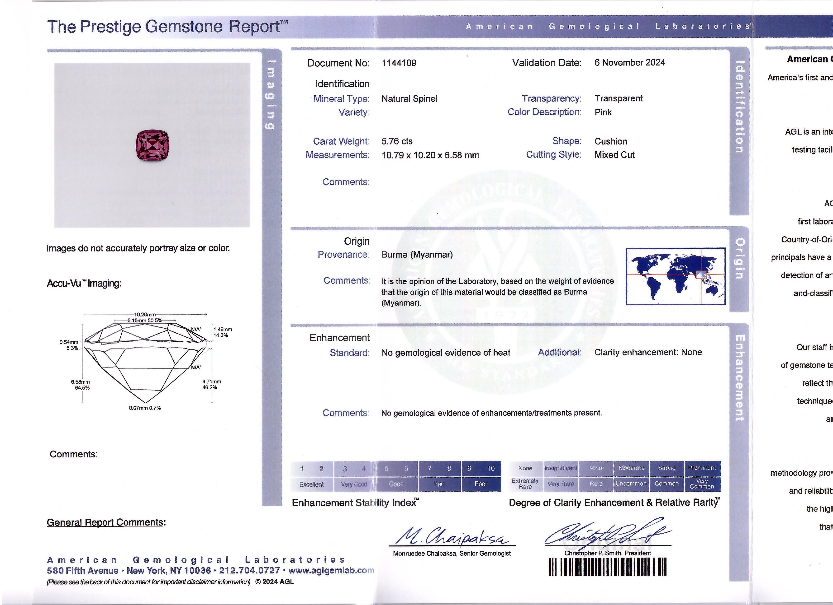 AGL certification for a rare 5.76 ct cushion-cut Burma spinel, verifying its natural no-heat status. A gemstone of exceptional quality, available through Jogani.