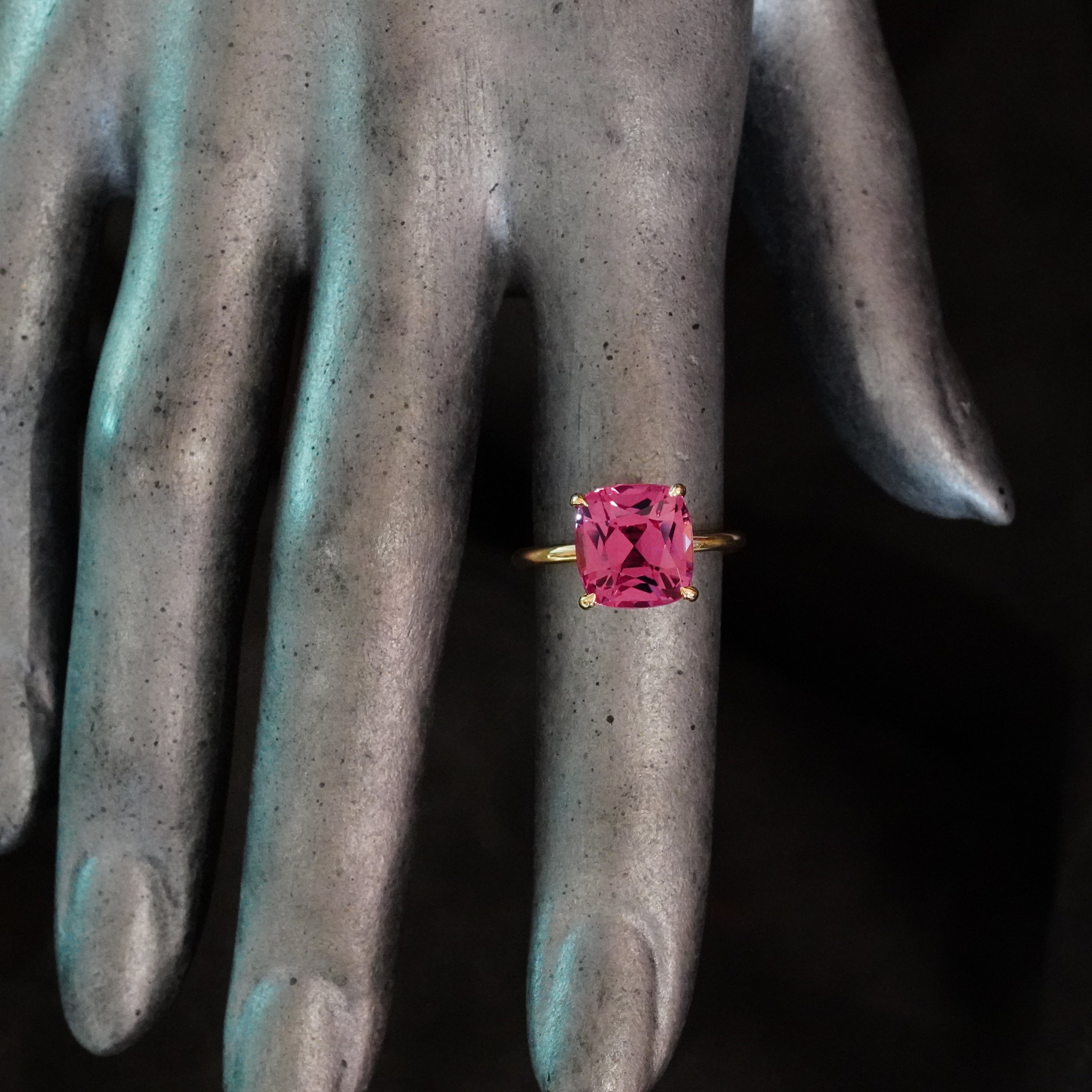 Elevate your collection with this remarkable 5.76 ct pink Burma spinel ring. Cushion-cut and no-heat, this rare beauty is meticulously curated by Jogani for true gemstone connoisseurs.