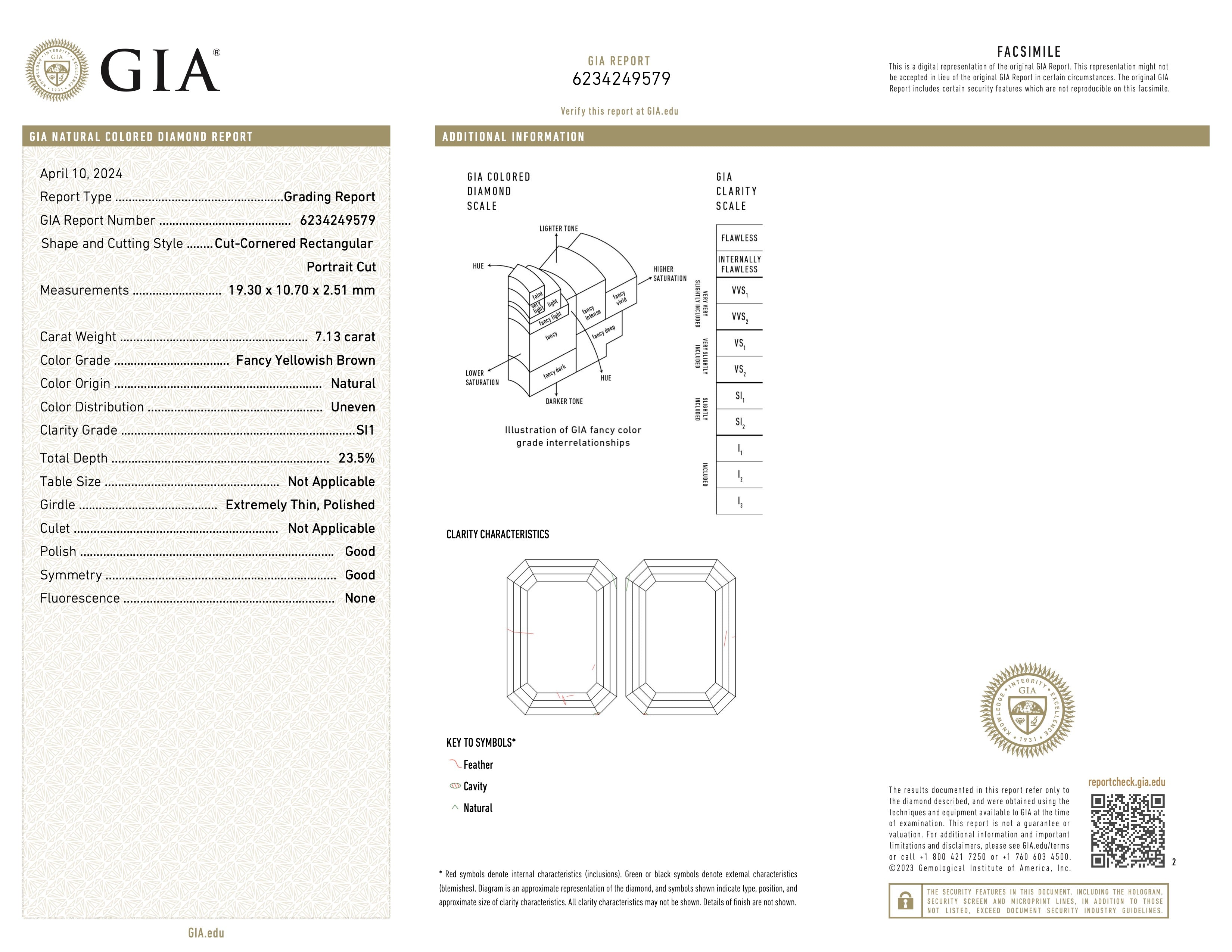 GIA certification for a 7.13 ct portrait-cut fancy yellowish-brown diamond, verifying its authenticity and quality. Available exclusively through Jogani.