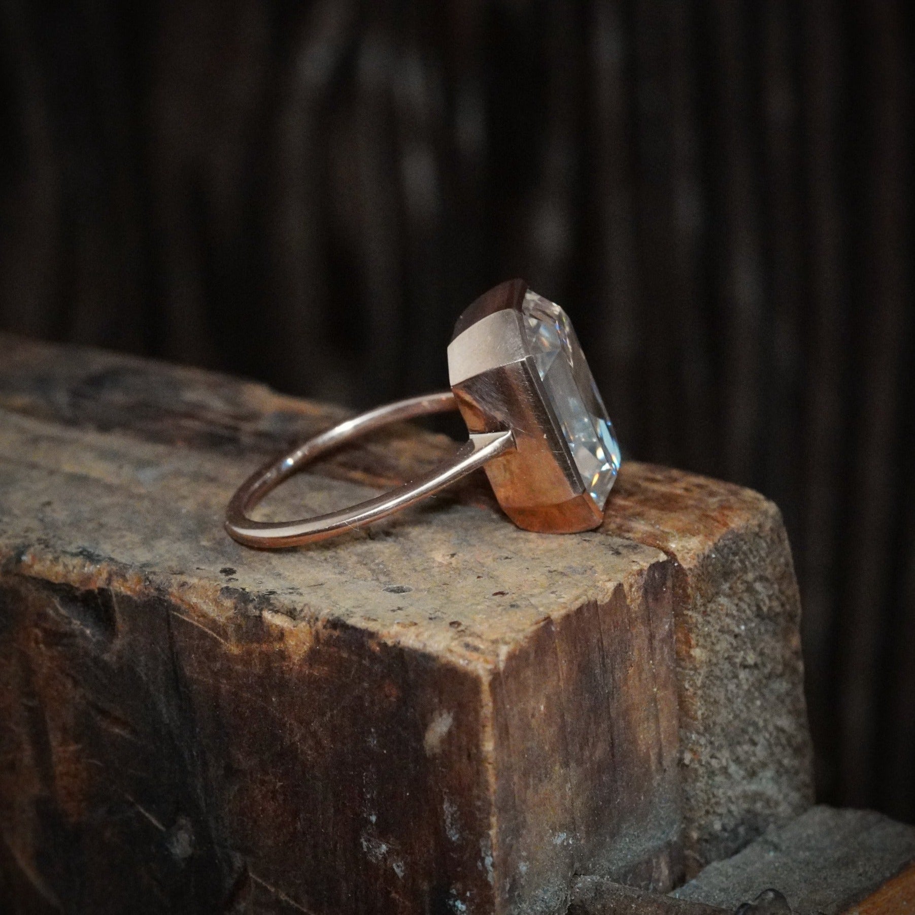 A sophisticated 8.06 ct Step Cut Diamond Ring featuring a luminous L-color diamond with VVS2 clarity, set in a refined blend of rose gold and platinum. Available with Jogani.