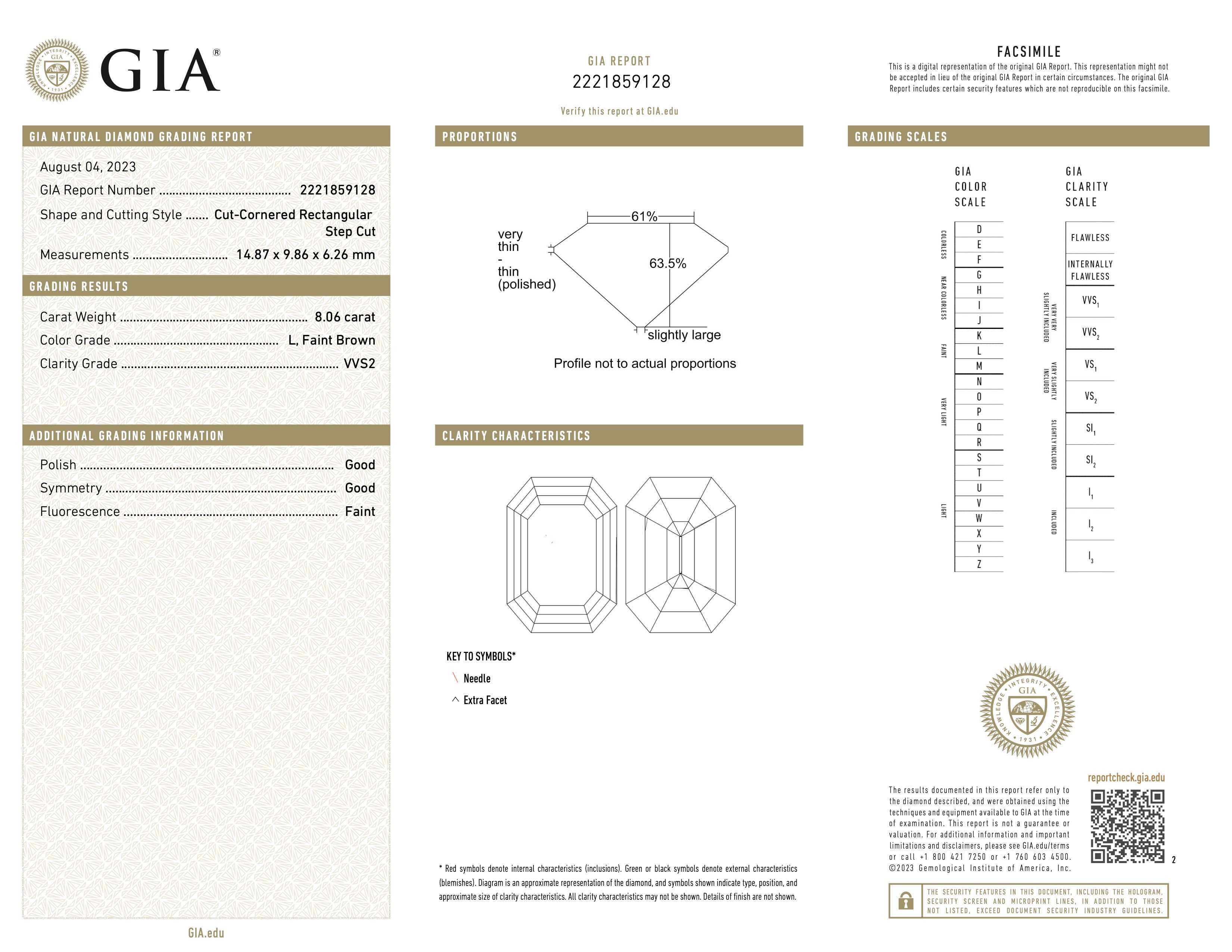 A GIA certification highlighting the unique attributes of the 8.06 ct Step Cut Diamond—its elegant L color, high clarity, and precise craftsmanship—chosen by Jogani for its rarity.