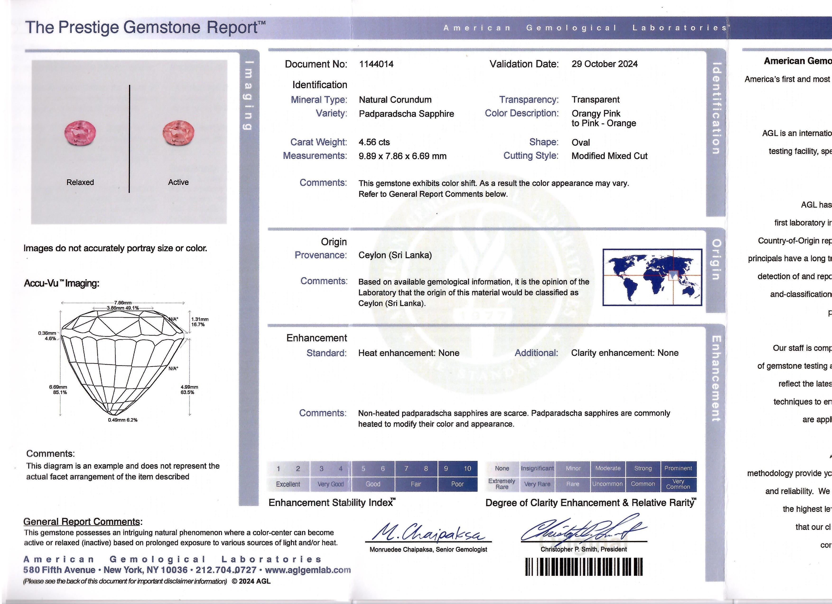 A Gemological report from the American Gemological Laboratories (AGL) for a 4.56-carat oval-shaped Ceylon Padparadscha sapphire, displaying an orangy-pink to pink-orange hue, measuring 9.89 x 7.86 x 6.69 mm, with no evidence of heat treatment, accompanied by certificate number 1144014, presented by Jogani.