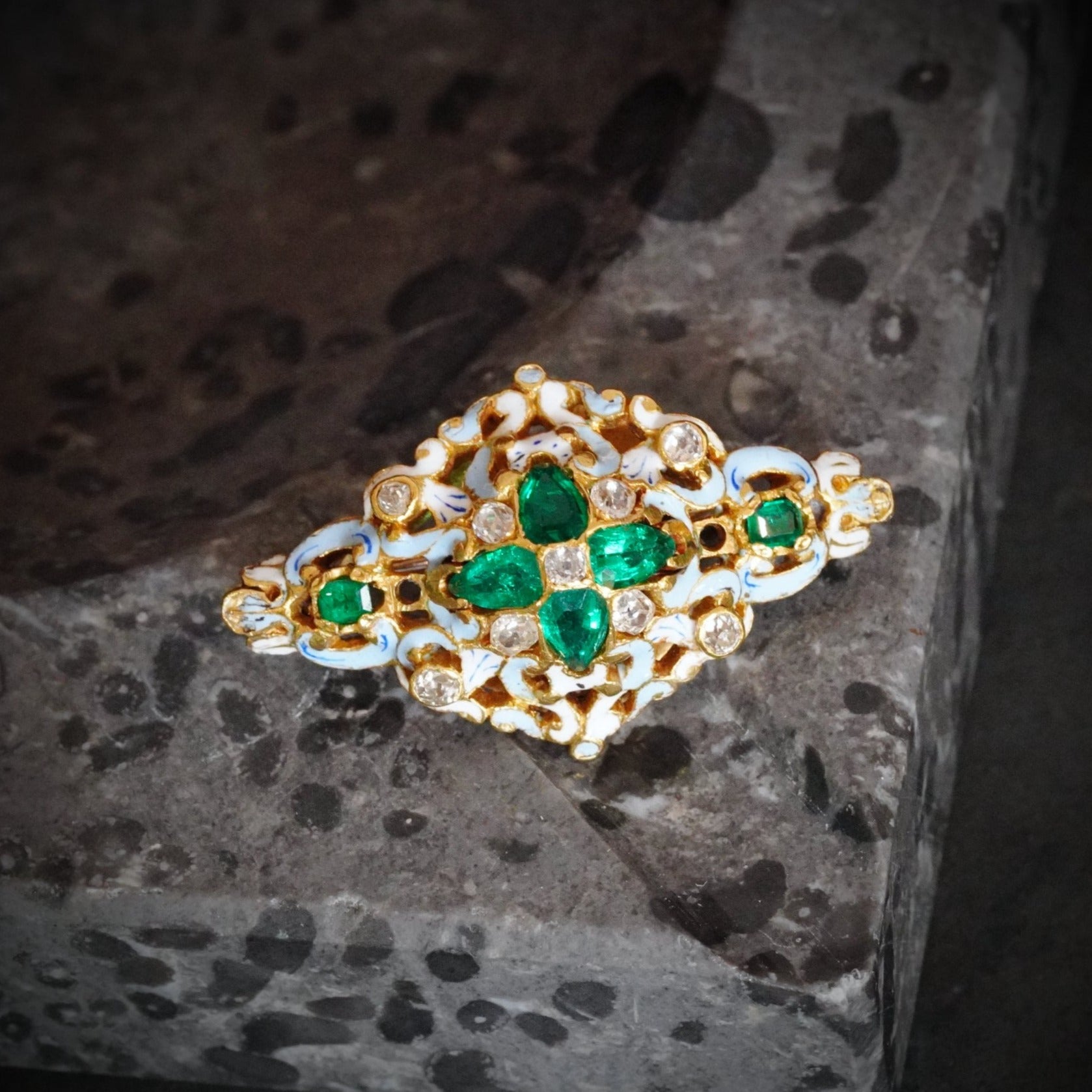 Anup Jogani Renaissance Revival Emerald and Diamond Enamel Brooch 