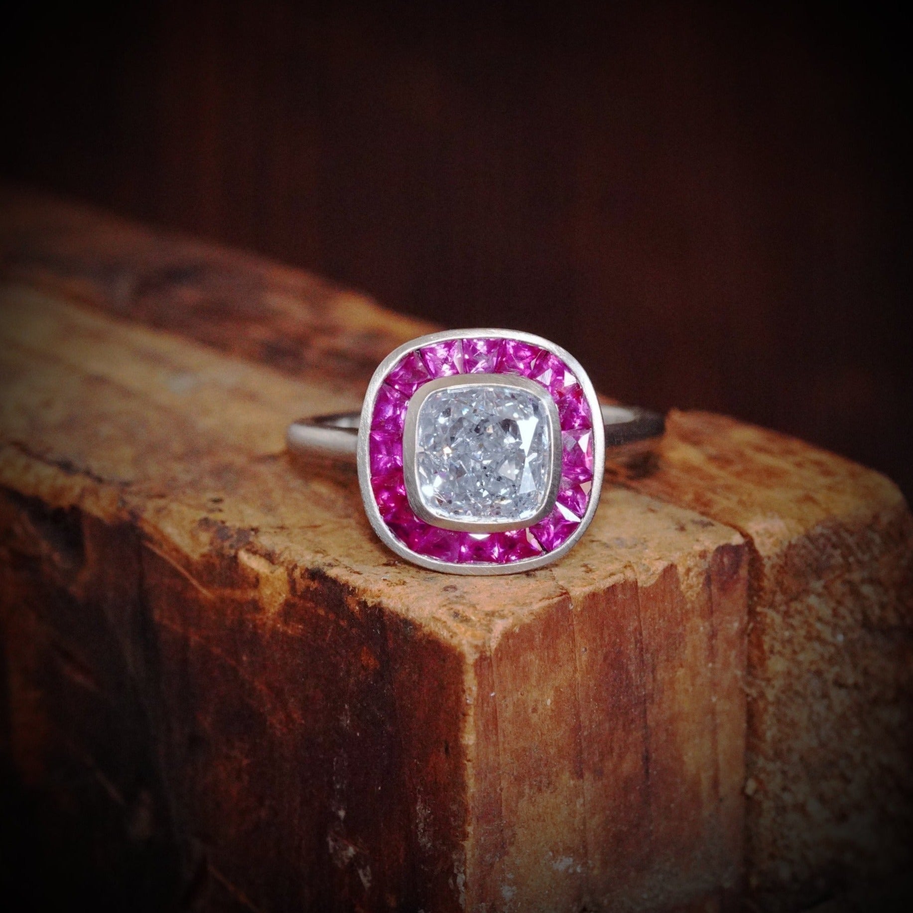Deco-Inspired Platinum Ring with 2.00-Carat Blue Diamond and Burma Rubies