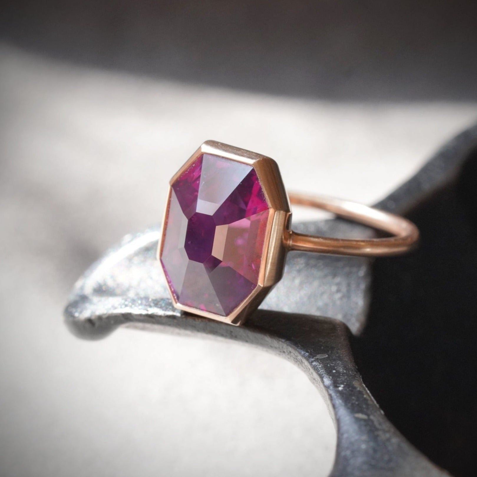 Deep Berry 7.36-carat Step Cut Ceylon Sapphire Ring in 18K Rose Gold