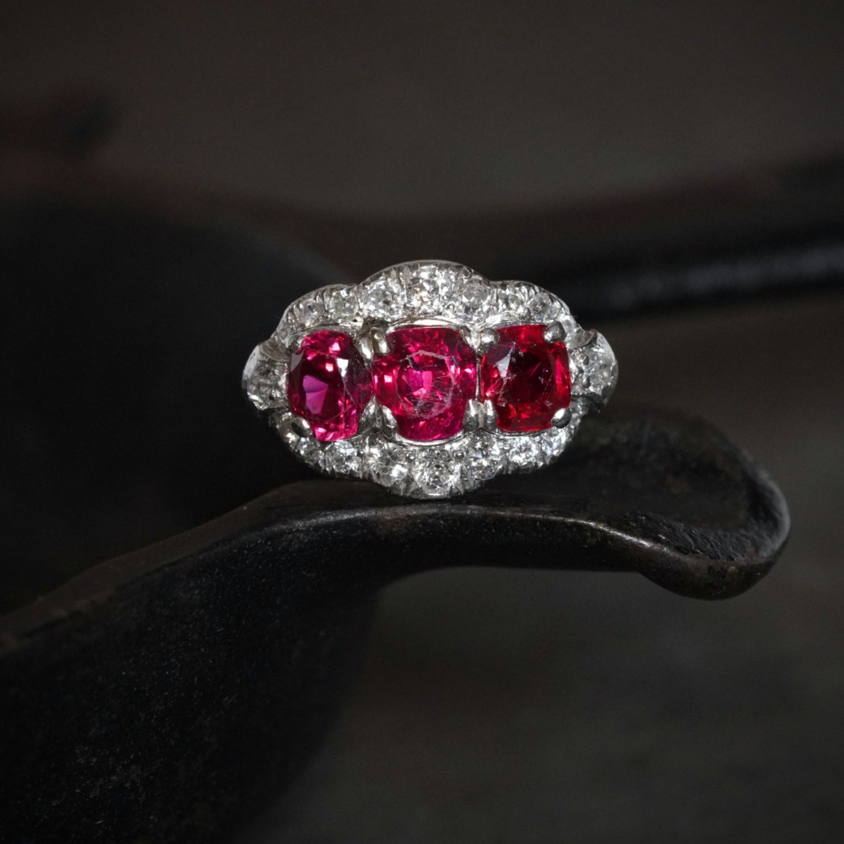 Art Deco Platinum Ring with Cherry-Red Burma Rubies & Diamonds