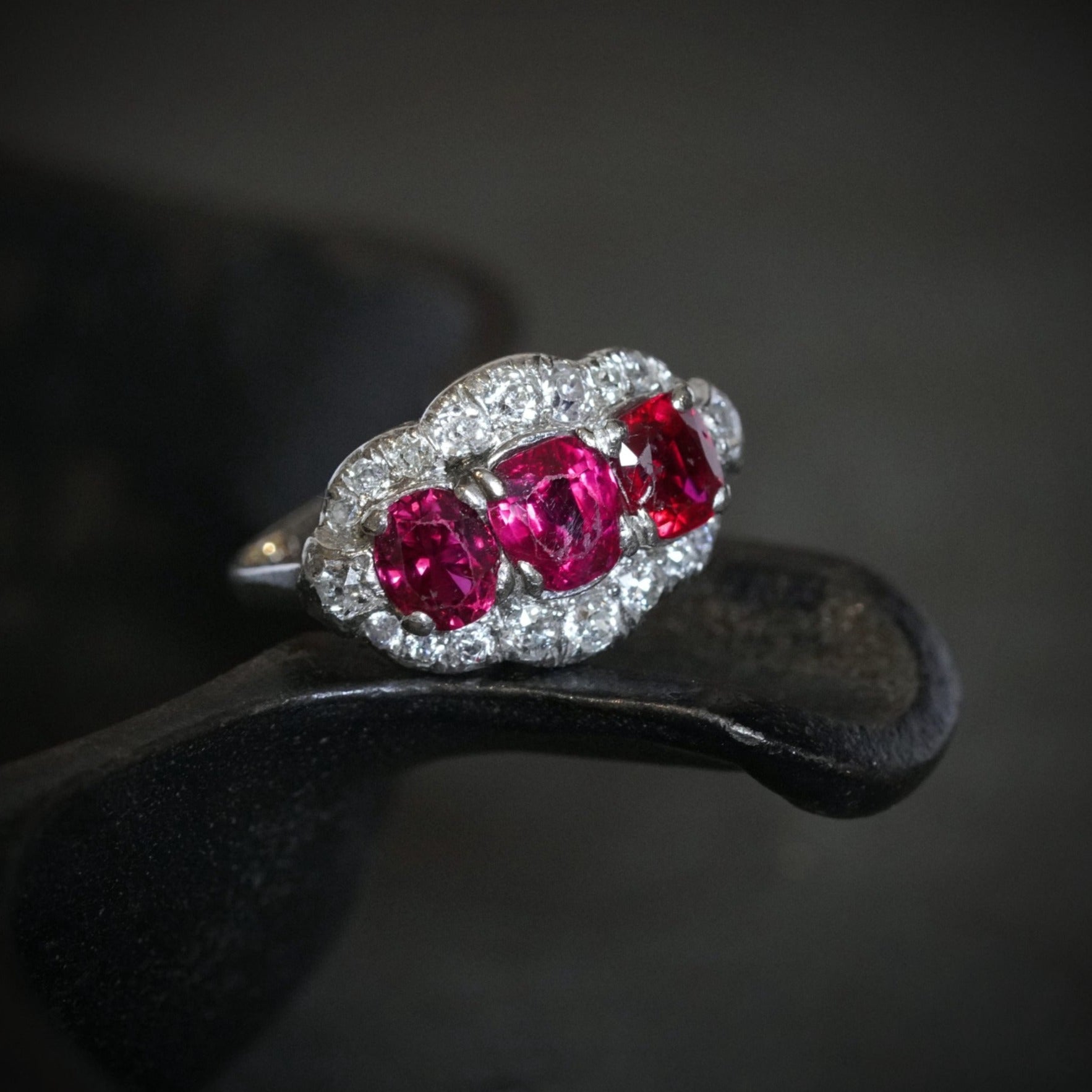 Art Deco Platinum Ring with Cherry-Red Burma Rubies & Diamonds