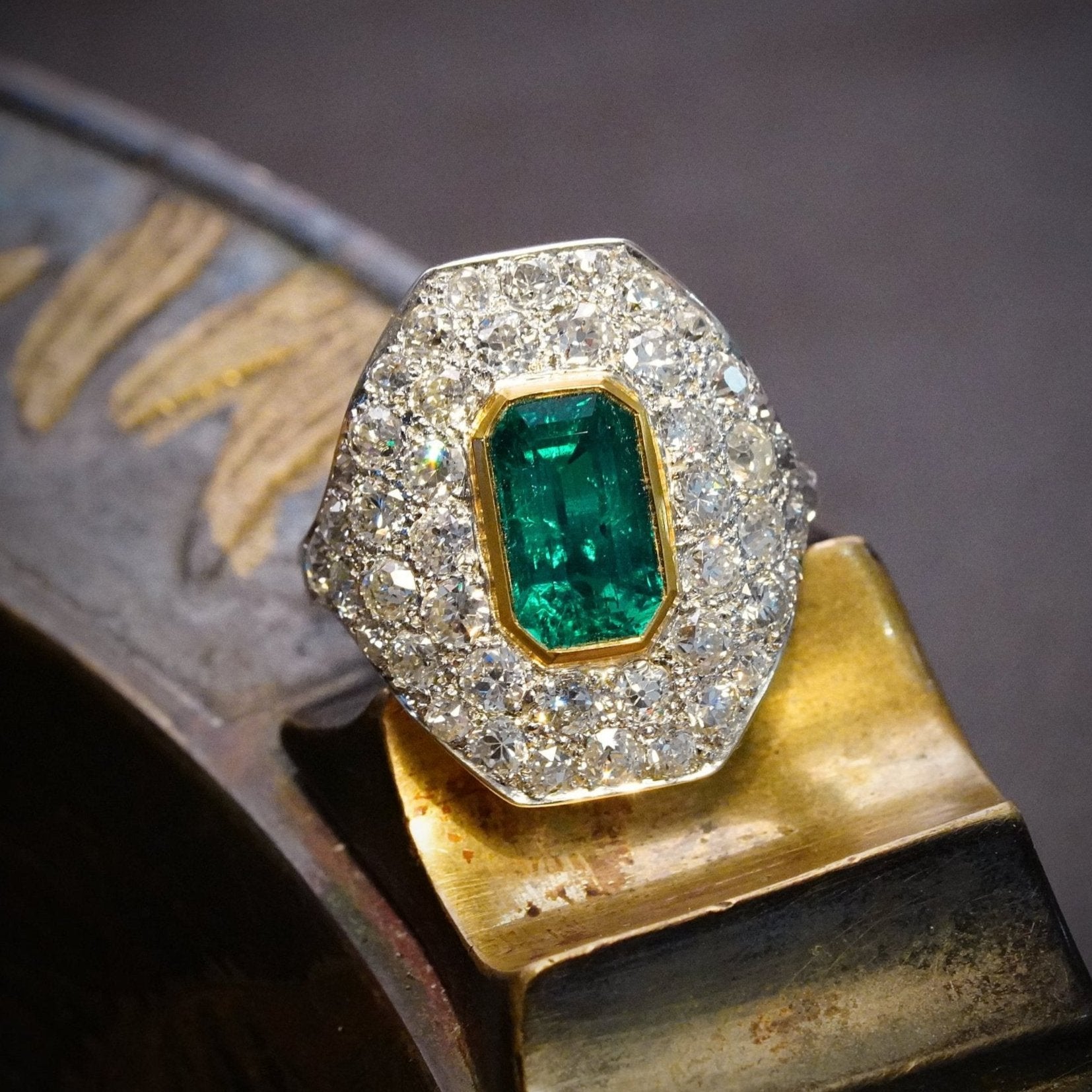 Step Cut Colombian Emerald & Diamond Ring, 2.18 ct - Jogani