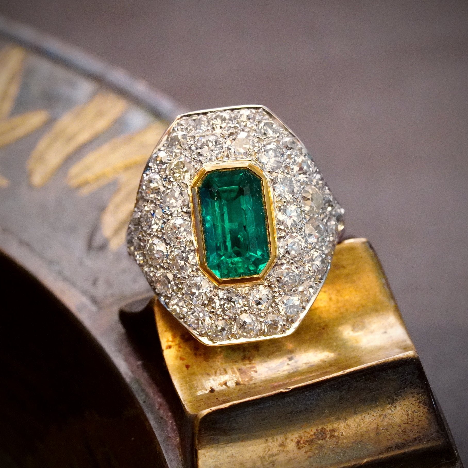 Step Cut Colombian Emerald & Diamond Ring, 2.18 ct - Jogani