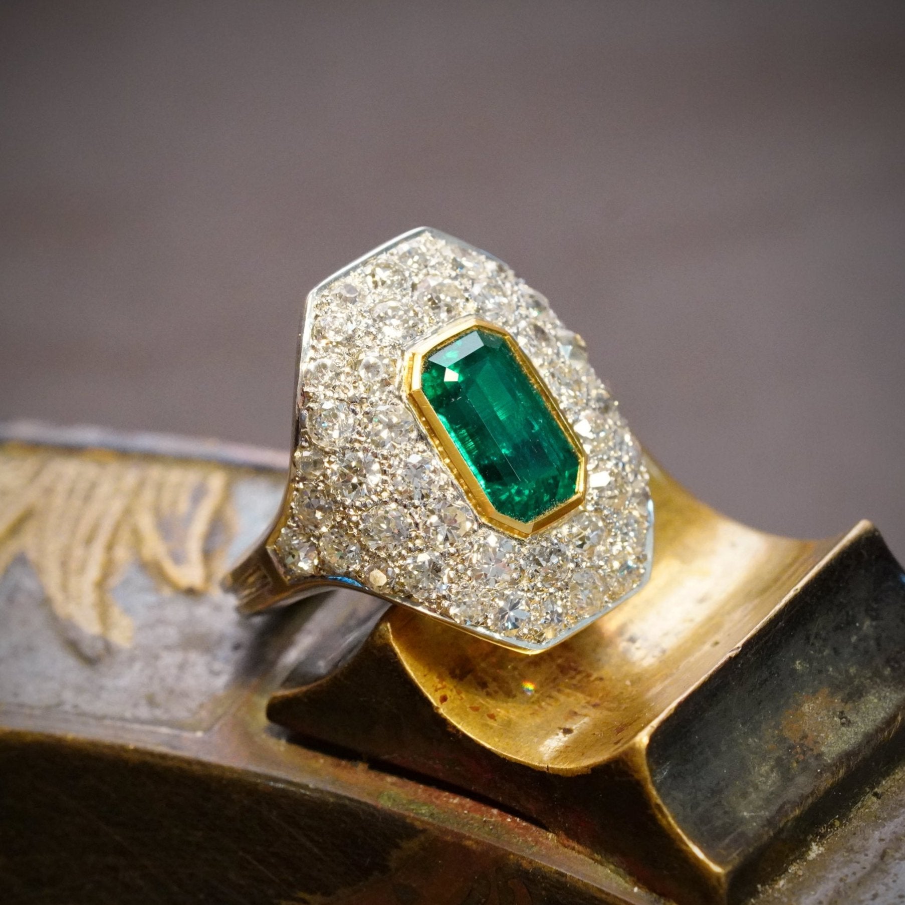 Step Cut Colombian Emerald & Diamond Ring, 2.18 ct - Jogani