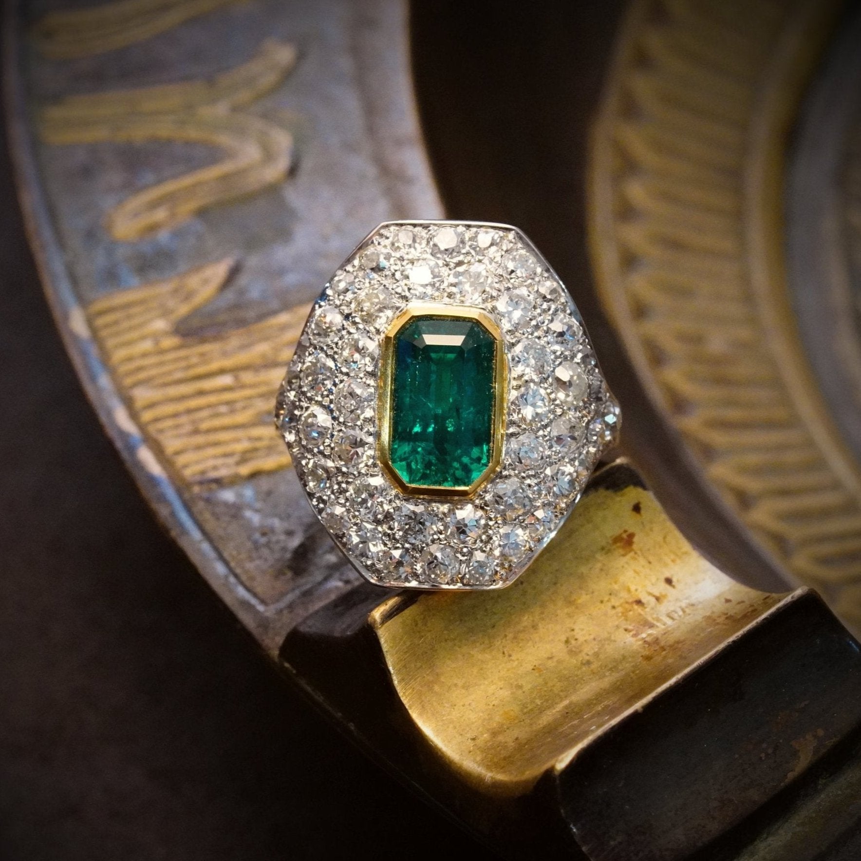 Step Cut Colombian Emerald & Diamond Ring, 2.18 ct - Jogani