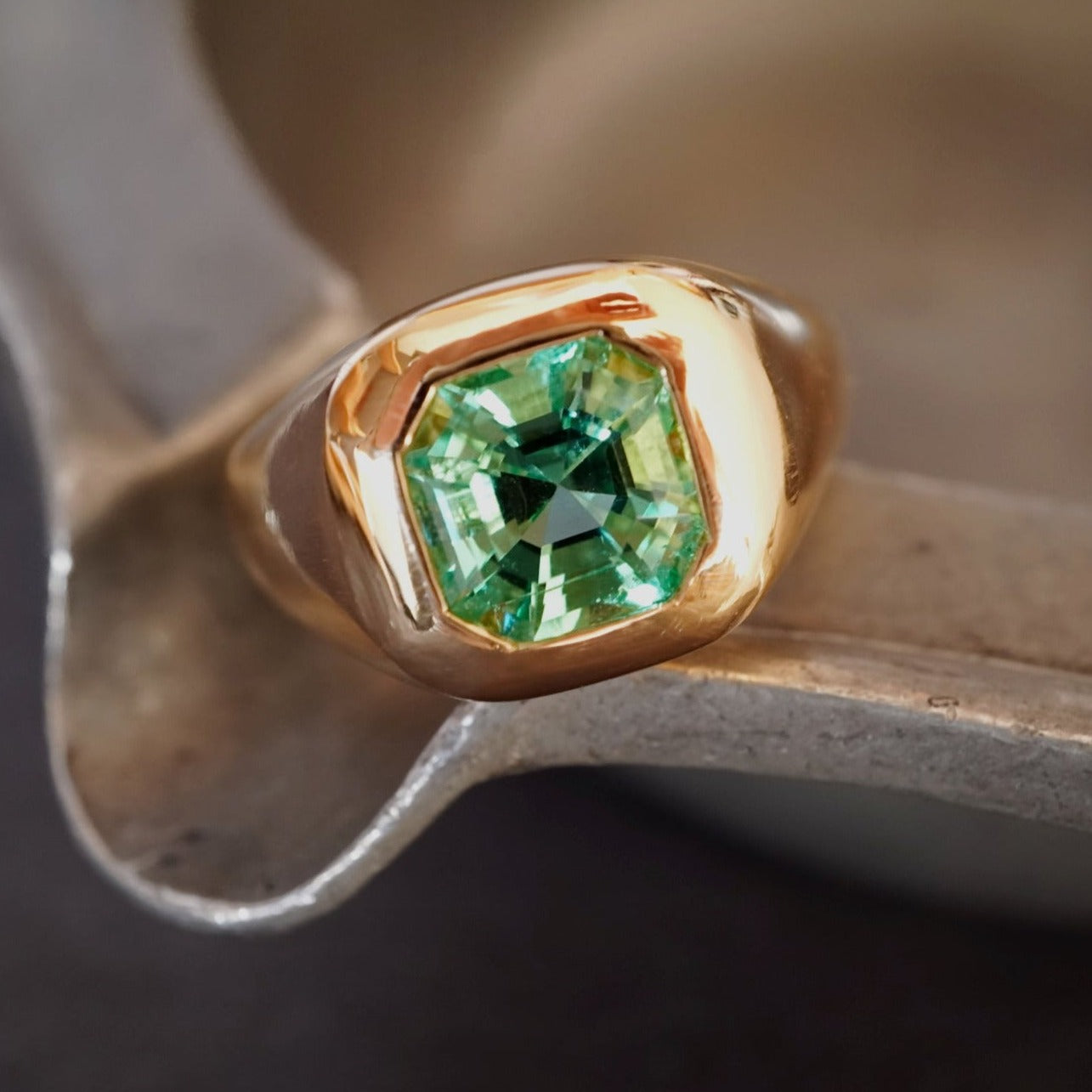 2.22 CT Step Cut Colombian Emerald Gold Ring