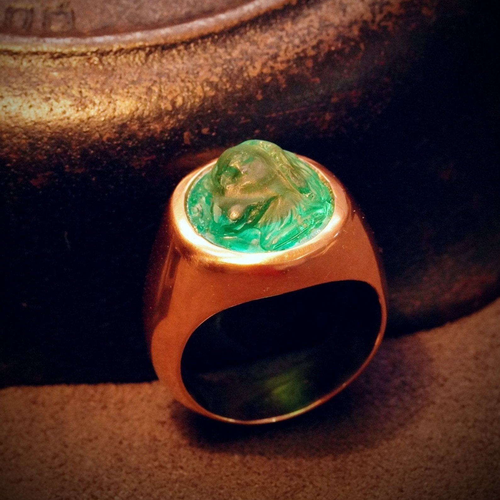 Victorian Carved Colombian Emerald Ring, 6.45 ct