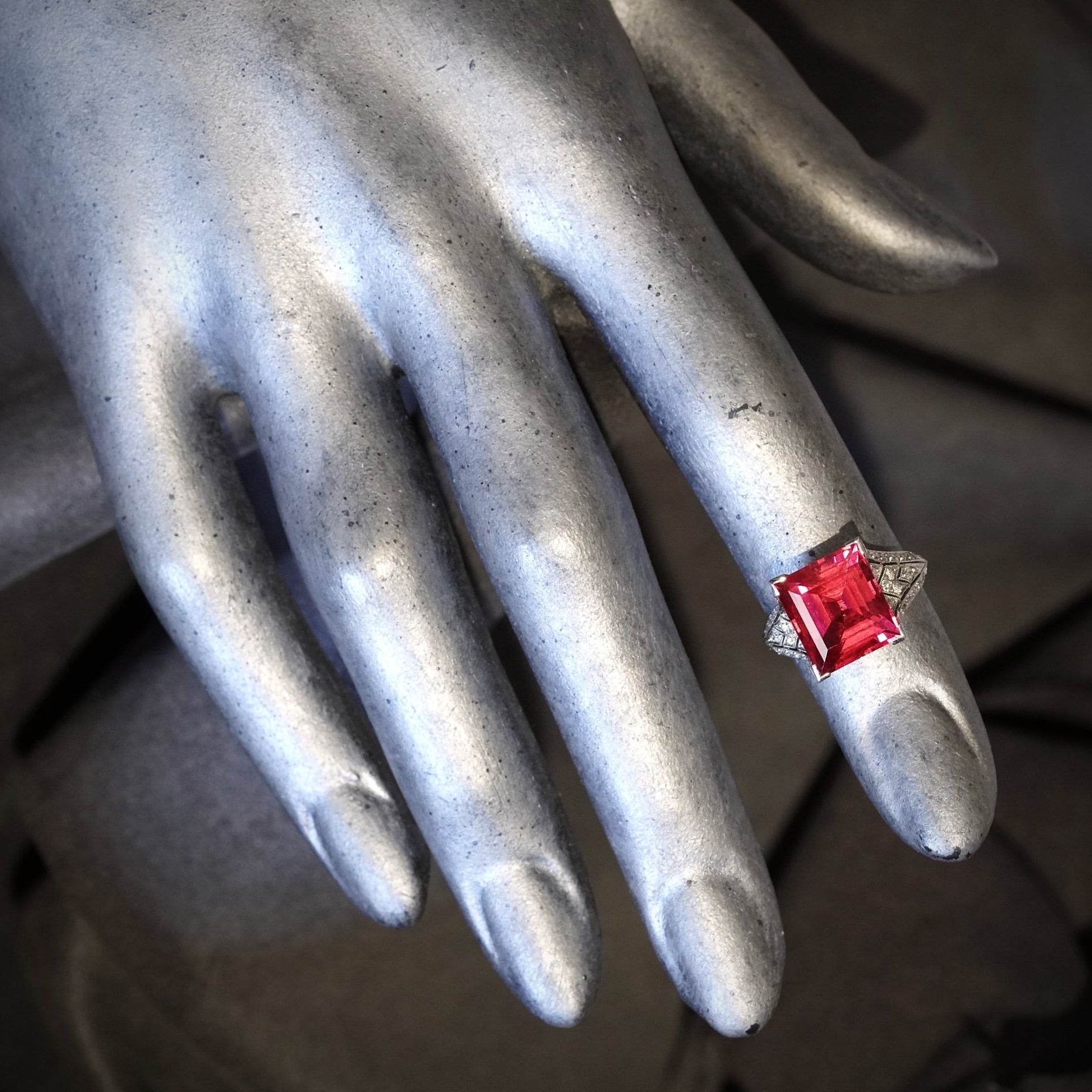 Late Edwardian 6.47-Carat Raspberry Wine Spinel and Diamond Ring in Platinum