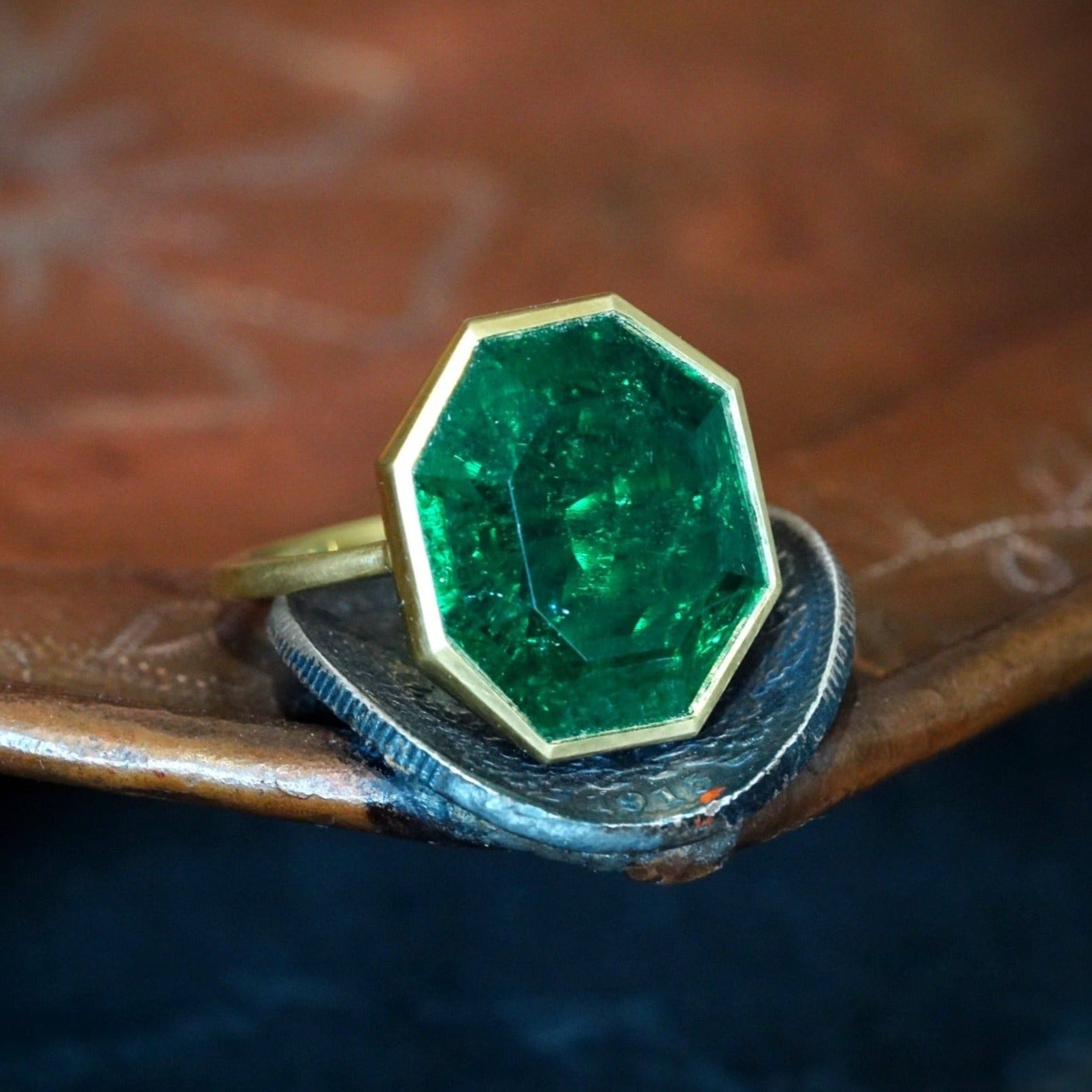 10.97 CT Step Cut Colombian Emerald, Bezel set in 20k Gold Ring