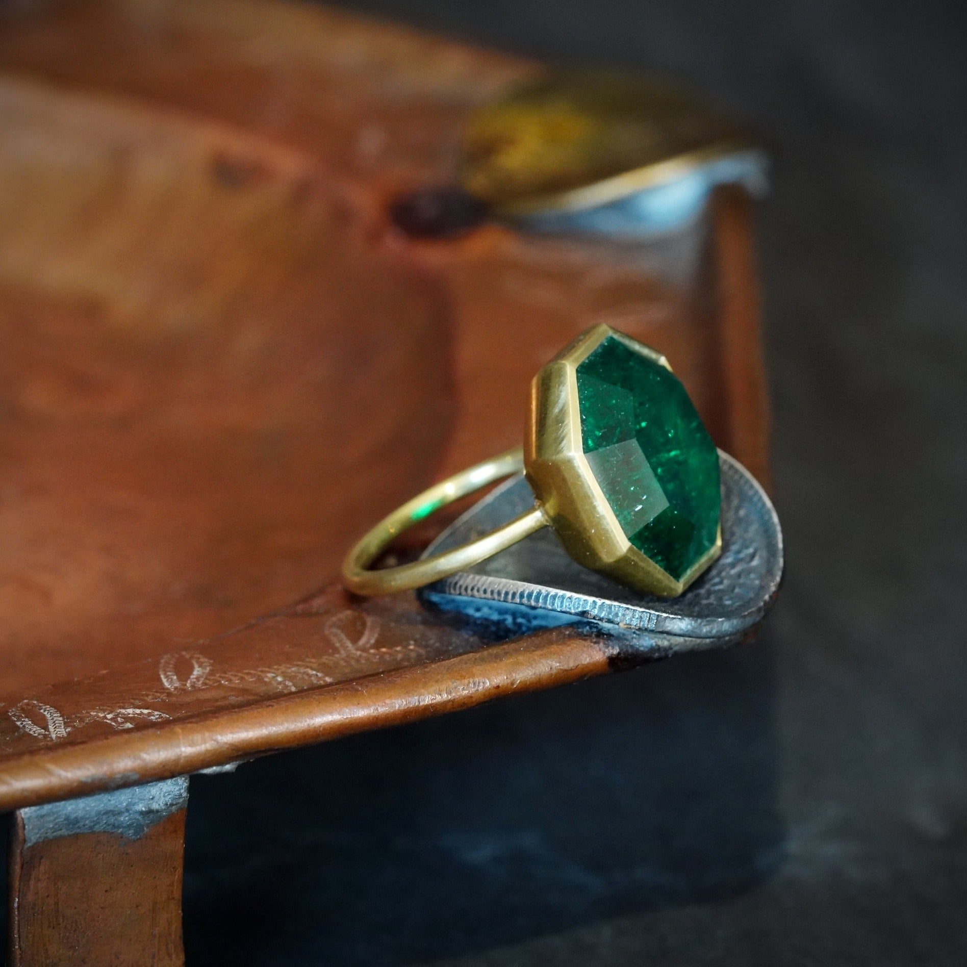 10.97 CT Step Cut Colombian Emerald, Bezel set in 20k Gold Ring