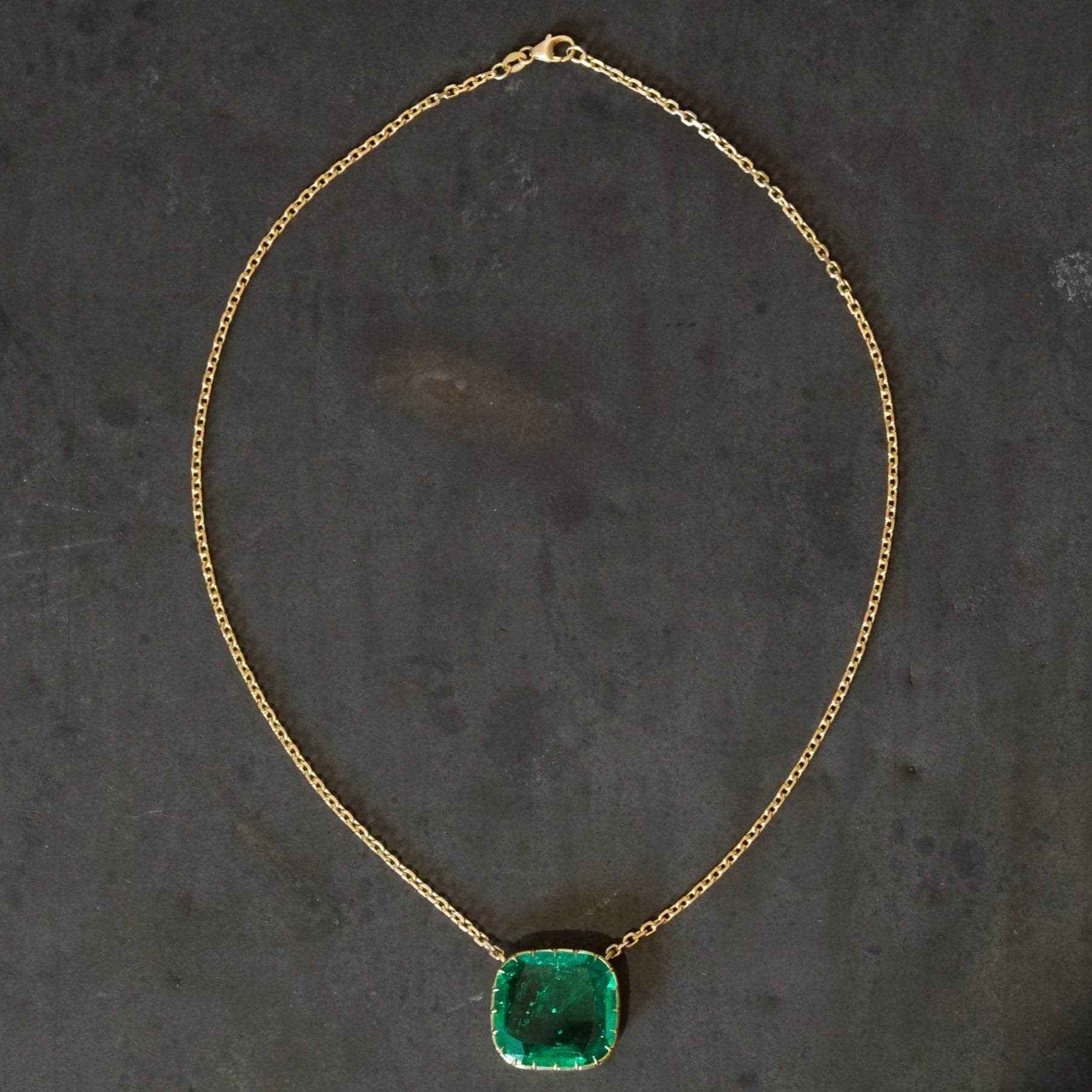 Victorian-Inspired 22.36 Carat Cushion Cut Colombian Emerald Necklace in 20K Gold