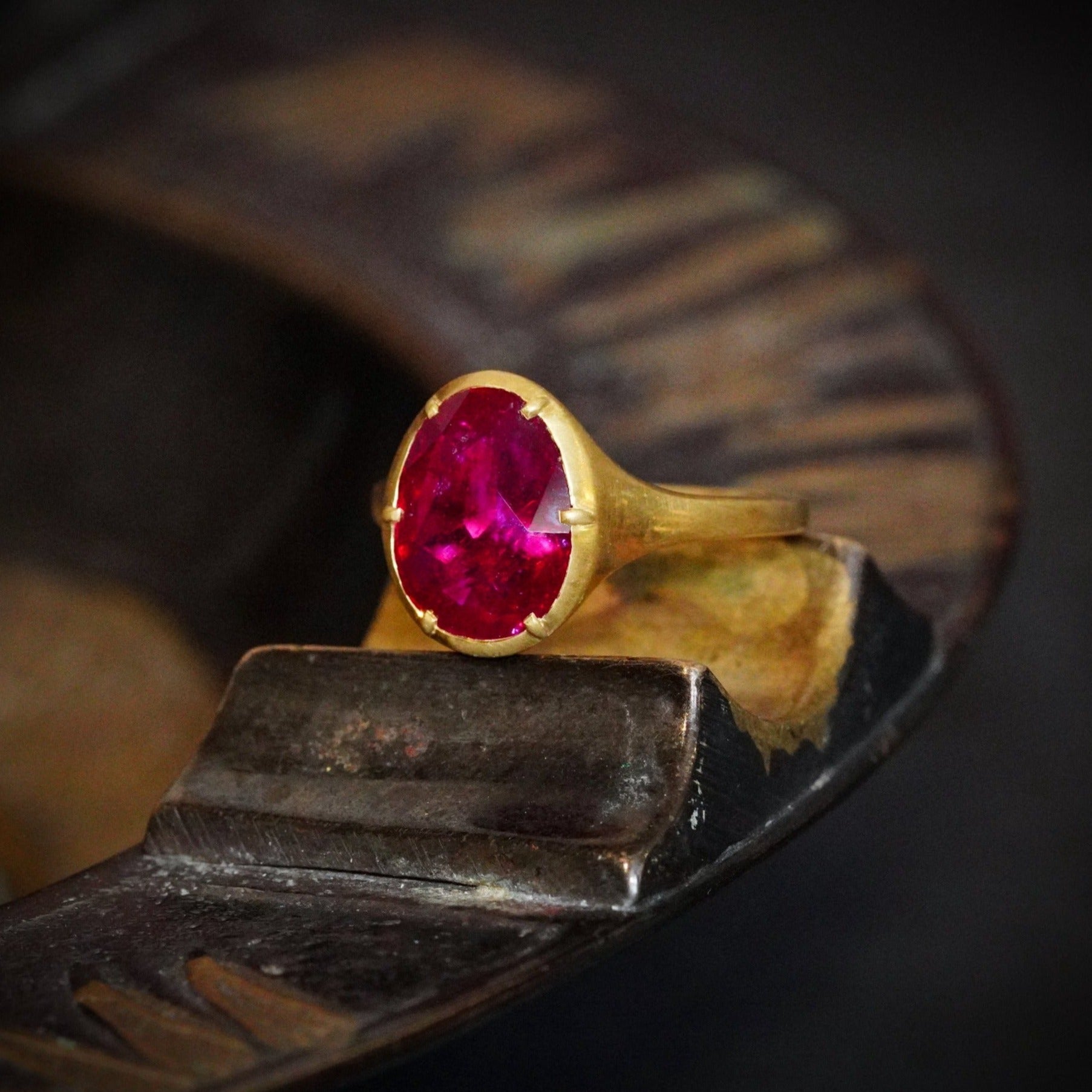 4.07-CT No Heat Burmese Ruby Ring in 20K Yellow Gold Collet Set Ring