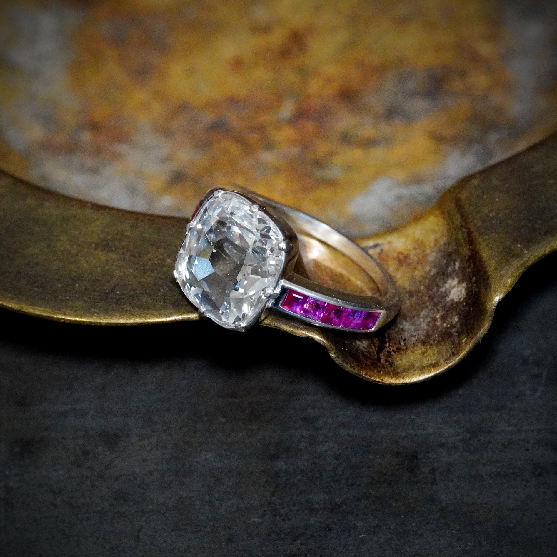 Victorian Inspired 3.00-Carat Flat Cushion Cut Diamond Ring with Burma No Heat Rubies